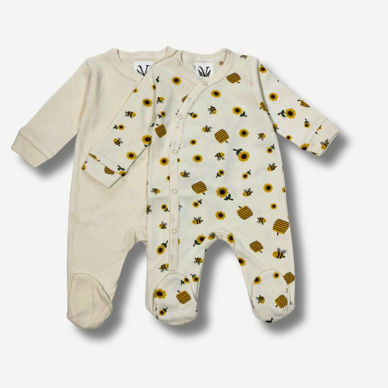 Baby Schlafanzug 2er-Set Bienen & Uni Beige 🐝