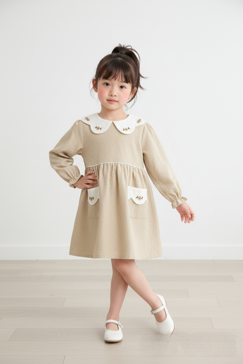 Vlera Mädchen Kleid Leinen mit gesticktem Kragen Beige