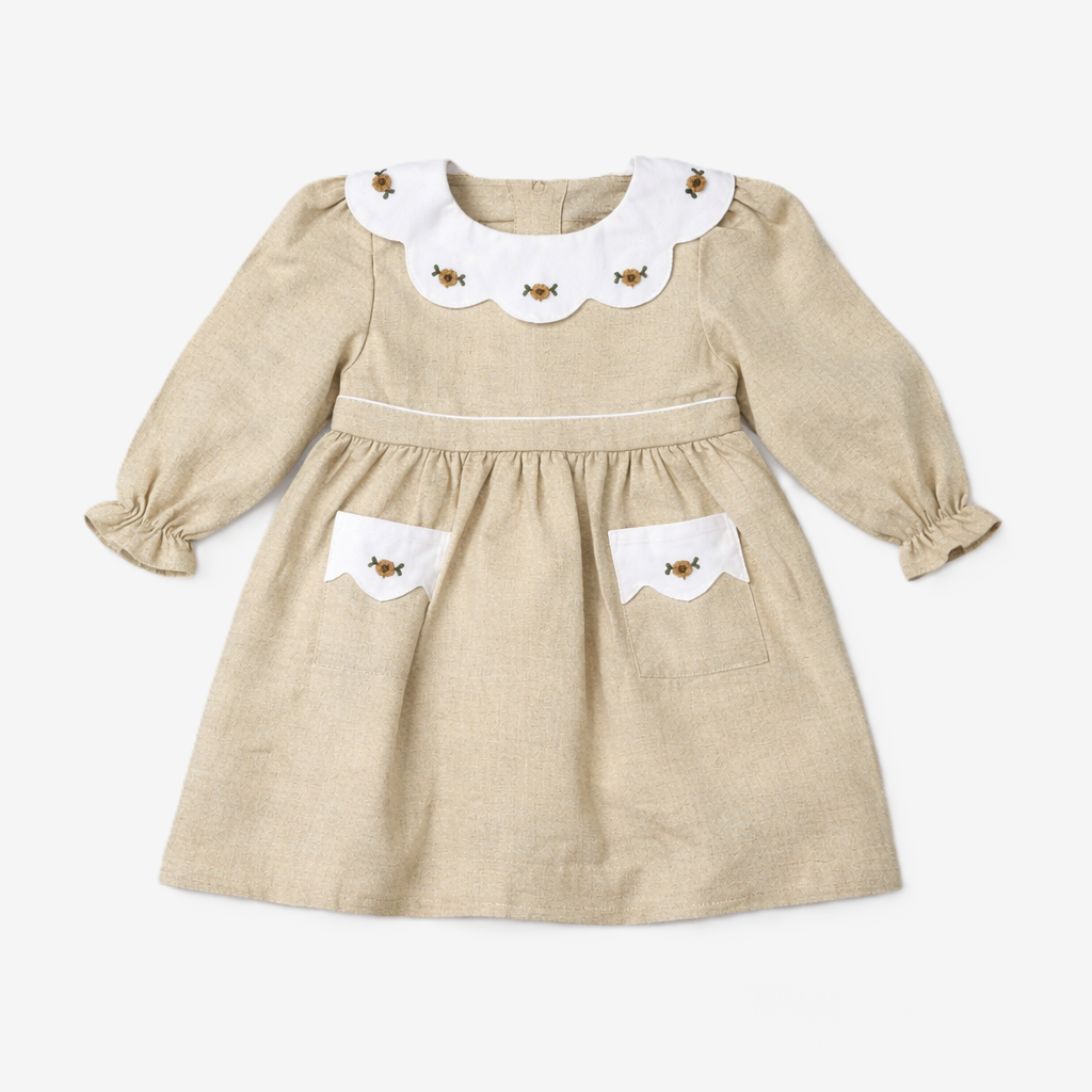 Vlera Mädchen Kleid Leinen mit gesticktem Kragen Beige