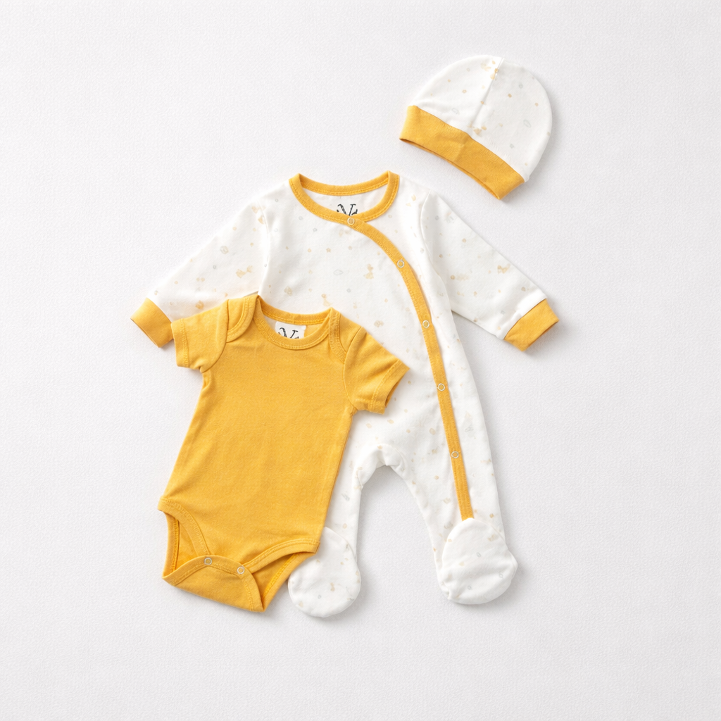 Baby Geschenkset 3-teilig – Gelb/Weiss