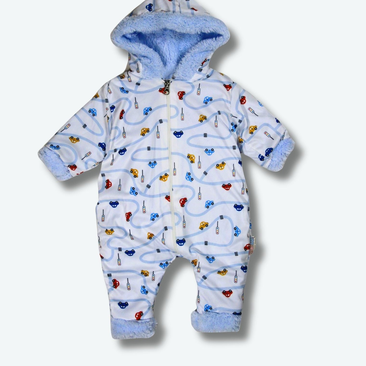 Baby Overall mit Kapuze – Auto-Print Weiss/Blau