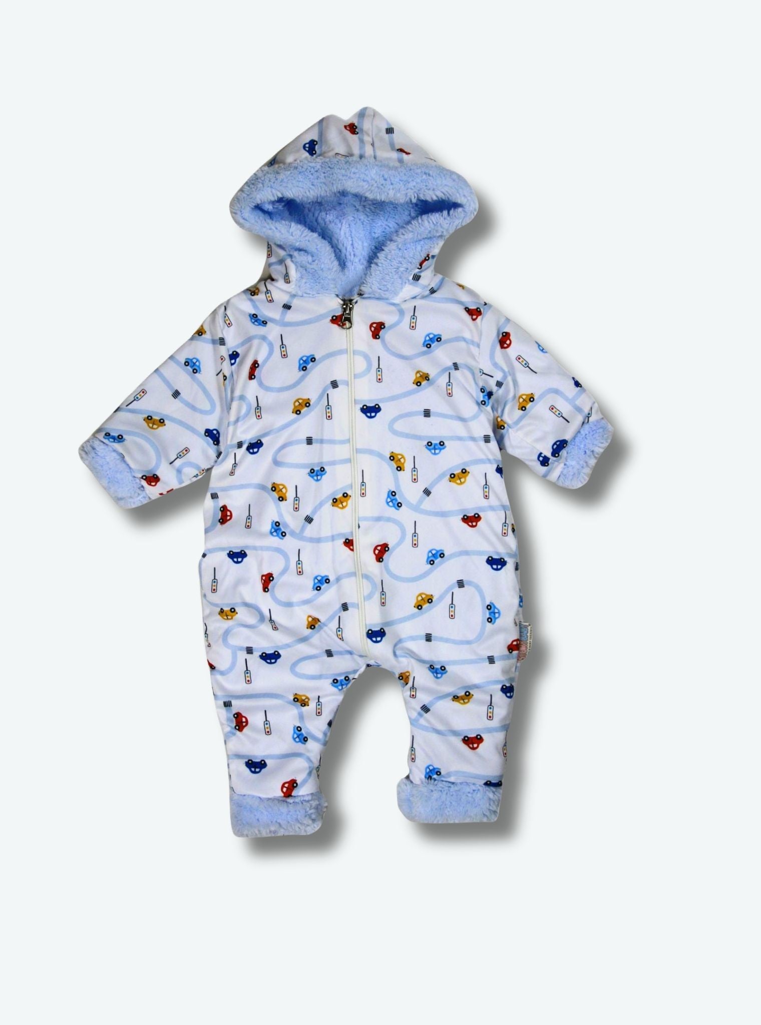Baby Overall mit Kapuze – Auto-Print Weiss/Blau