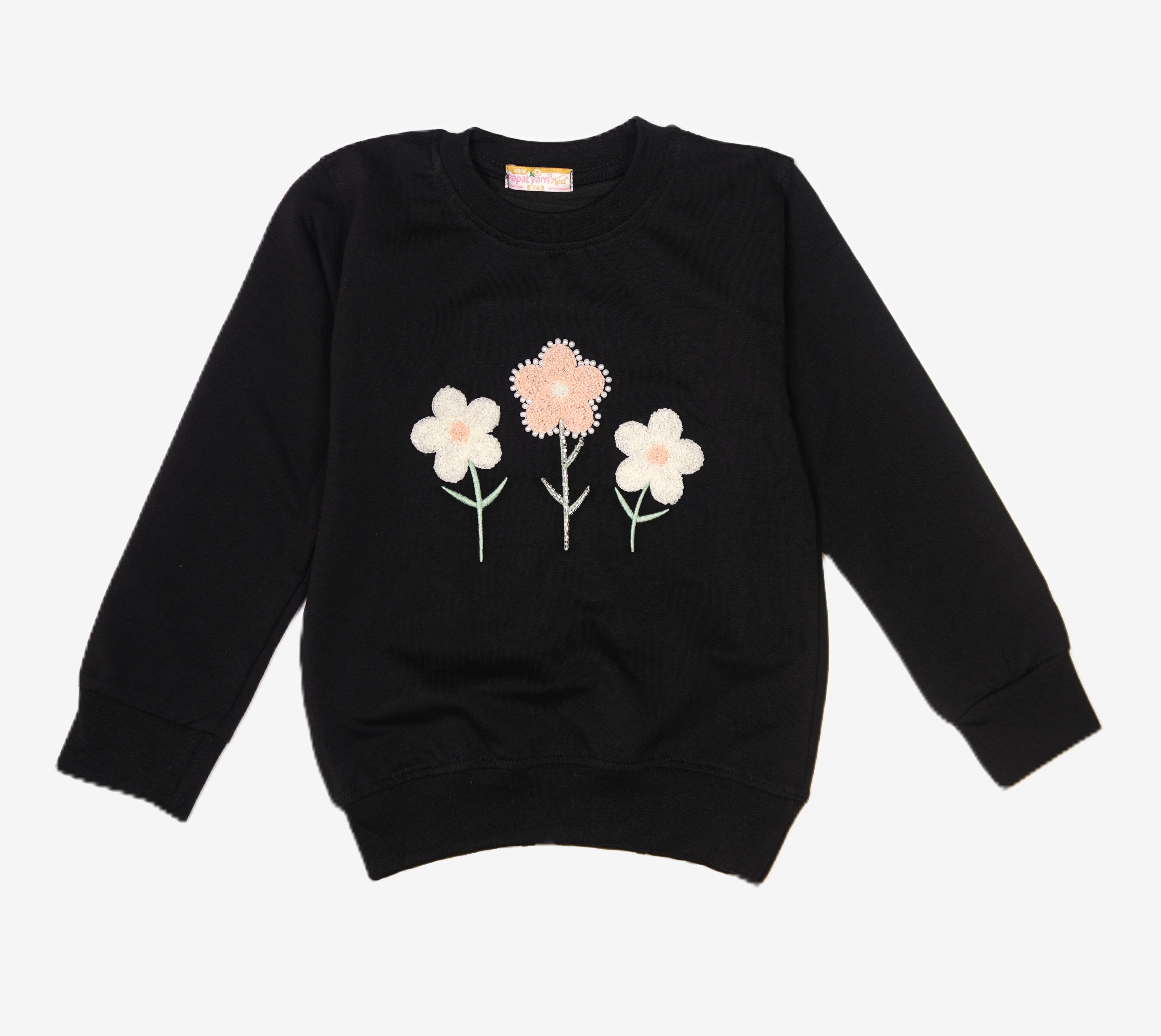 🌸 Mädchen Sweatshirt – Schwarz mit 3D Blumen & Perlen-Applikation