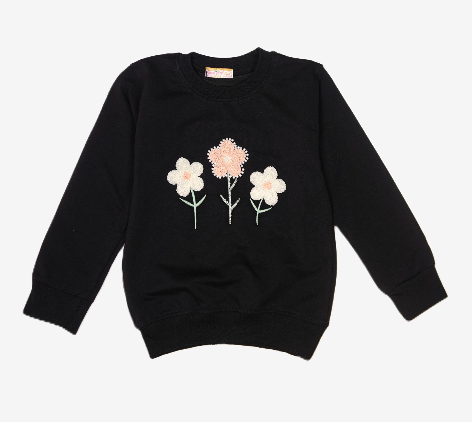 🌸 Mädchen Sweatshirt – Schwarz mit 3D Blumen & Perlen-Applikation