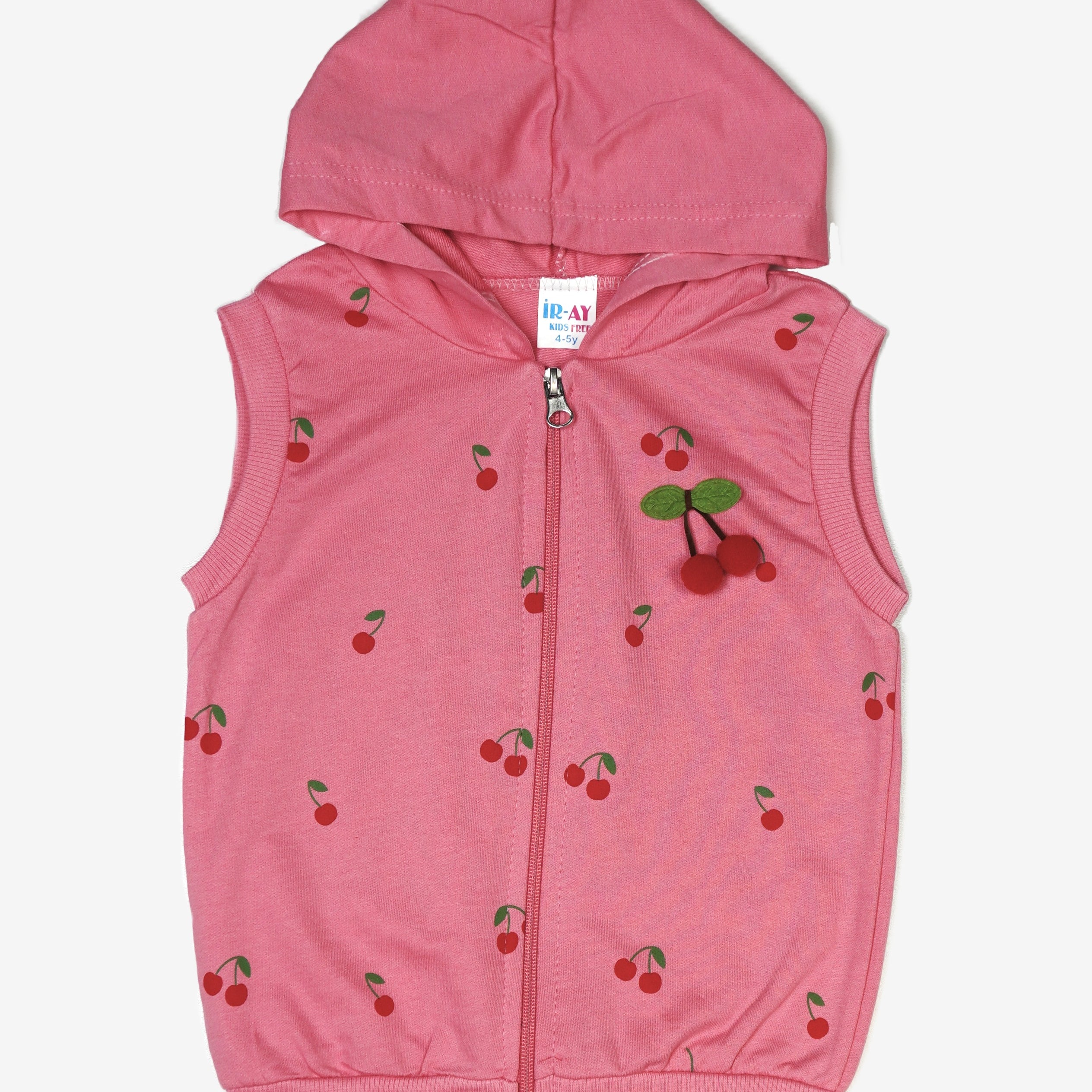 🍒 iRay Mädchen Ärmellose Kapuzenjacke – Kirsch-Print Rosa & Apricot