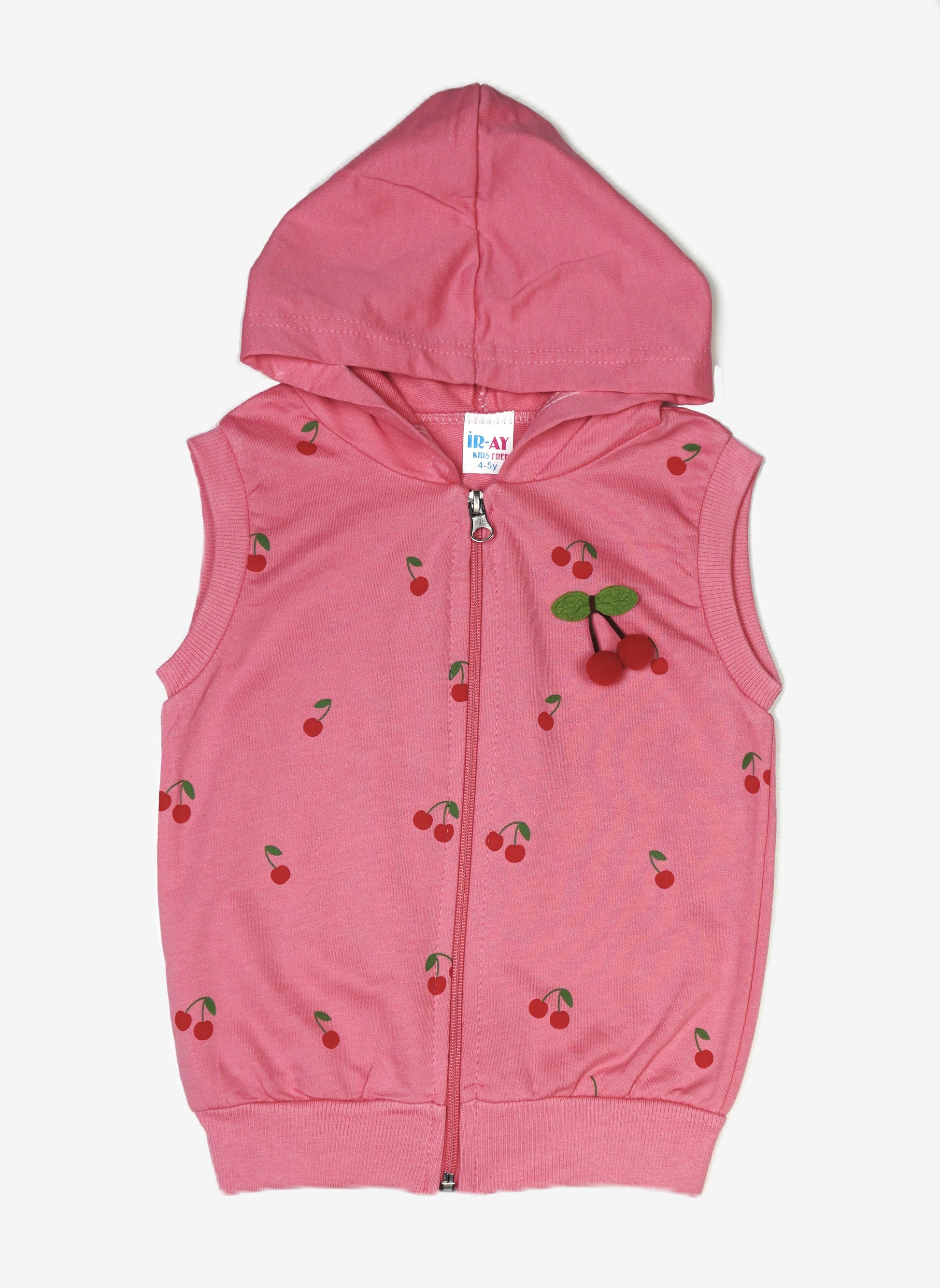 🍒 iRay Mädchen Ärmellose Kapuzenjacke – Kirsch-Print Rosa & Apricot