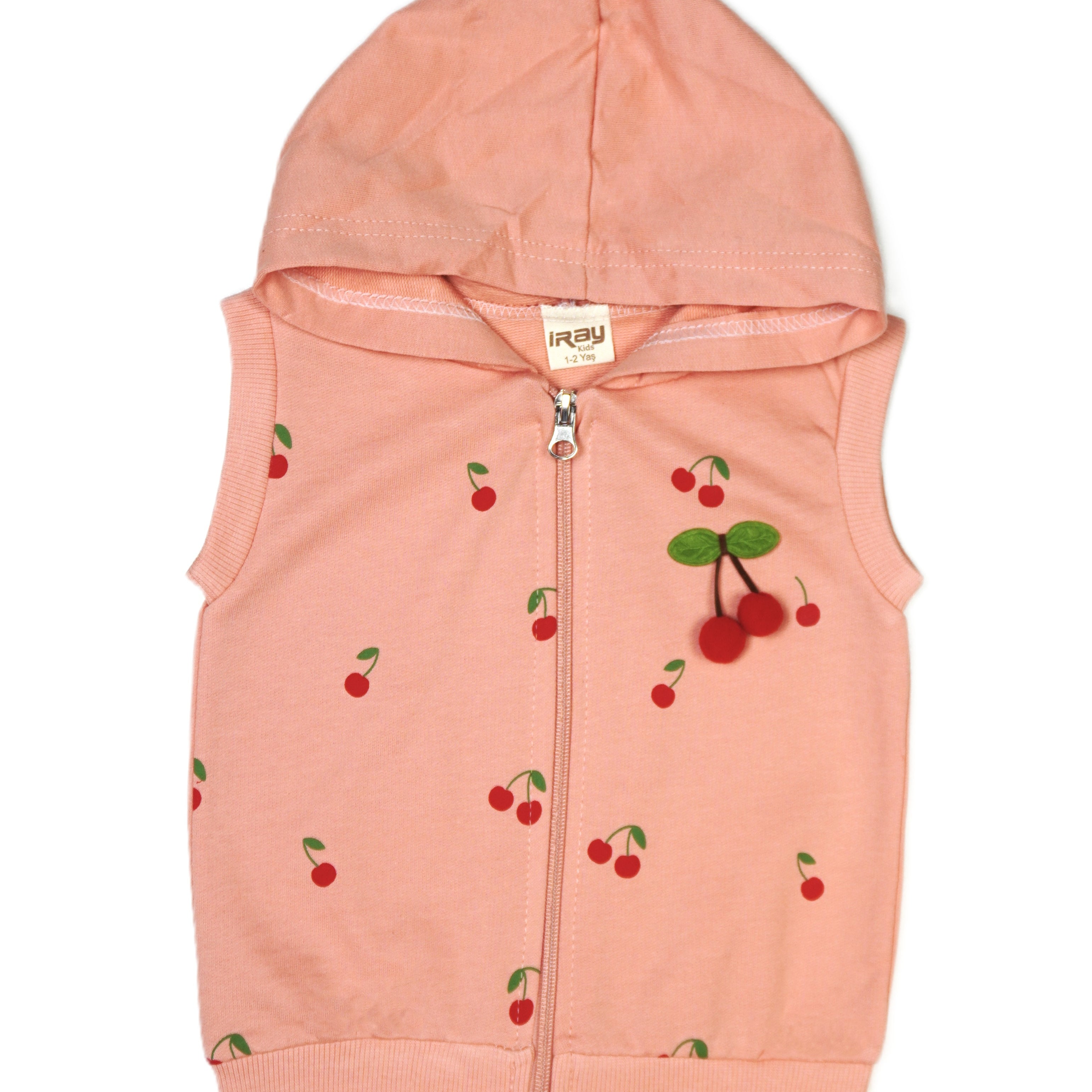🍒 iRay Mädchen Ärmellose Kapuzenjacke – Kirsch-Print Rosa & Apricot