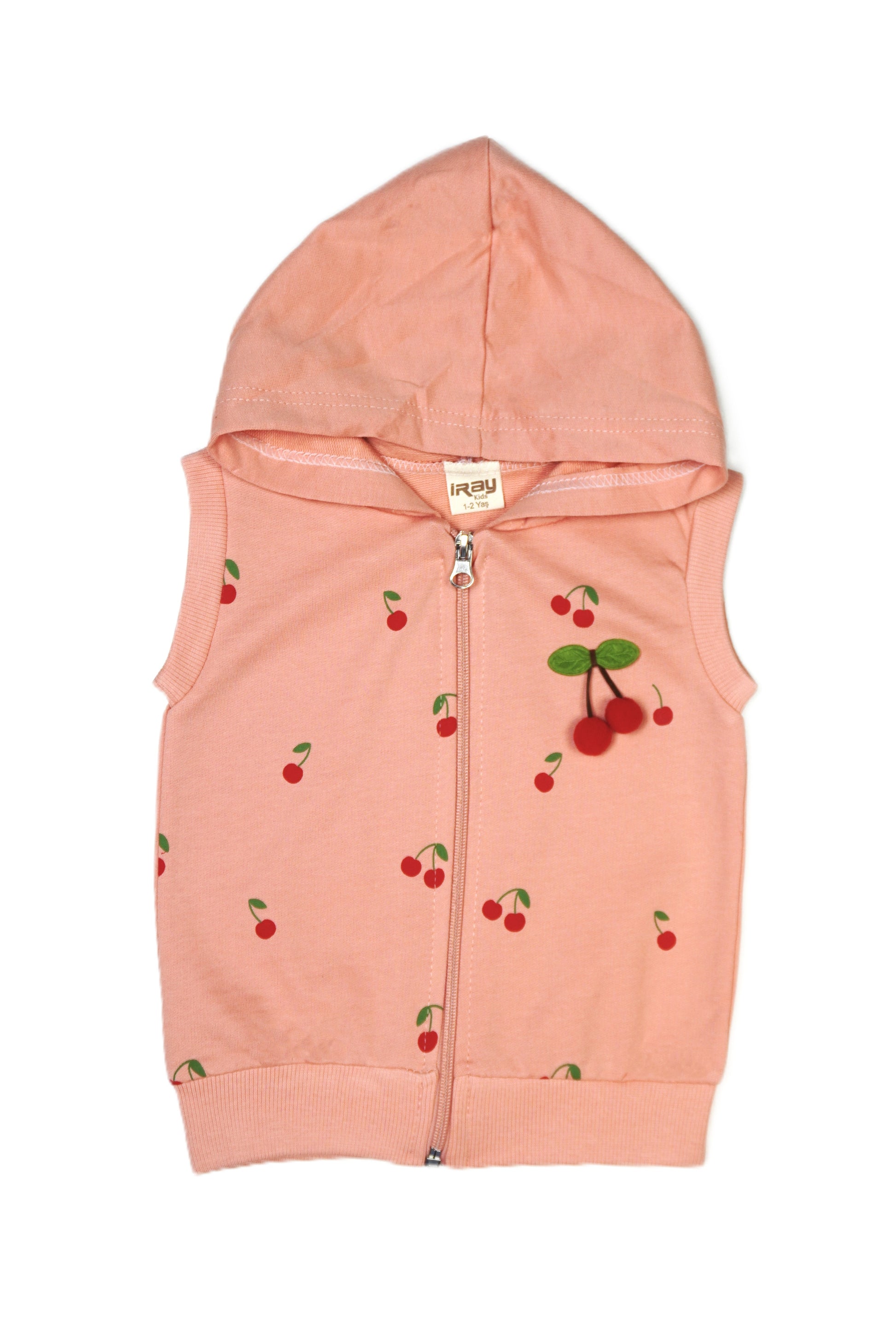 🍒 iRay Mädchen Ärmellose Kapuzenjacke – Kirsch-Print Rosa & Apricot