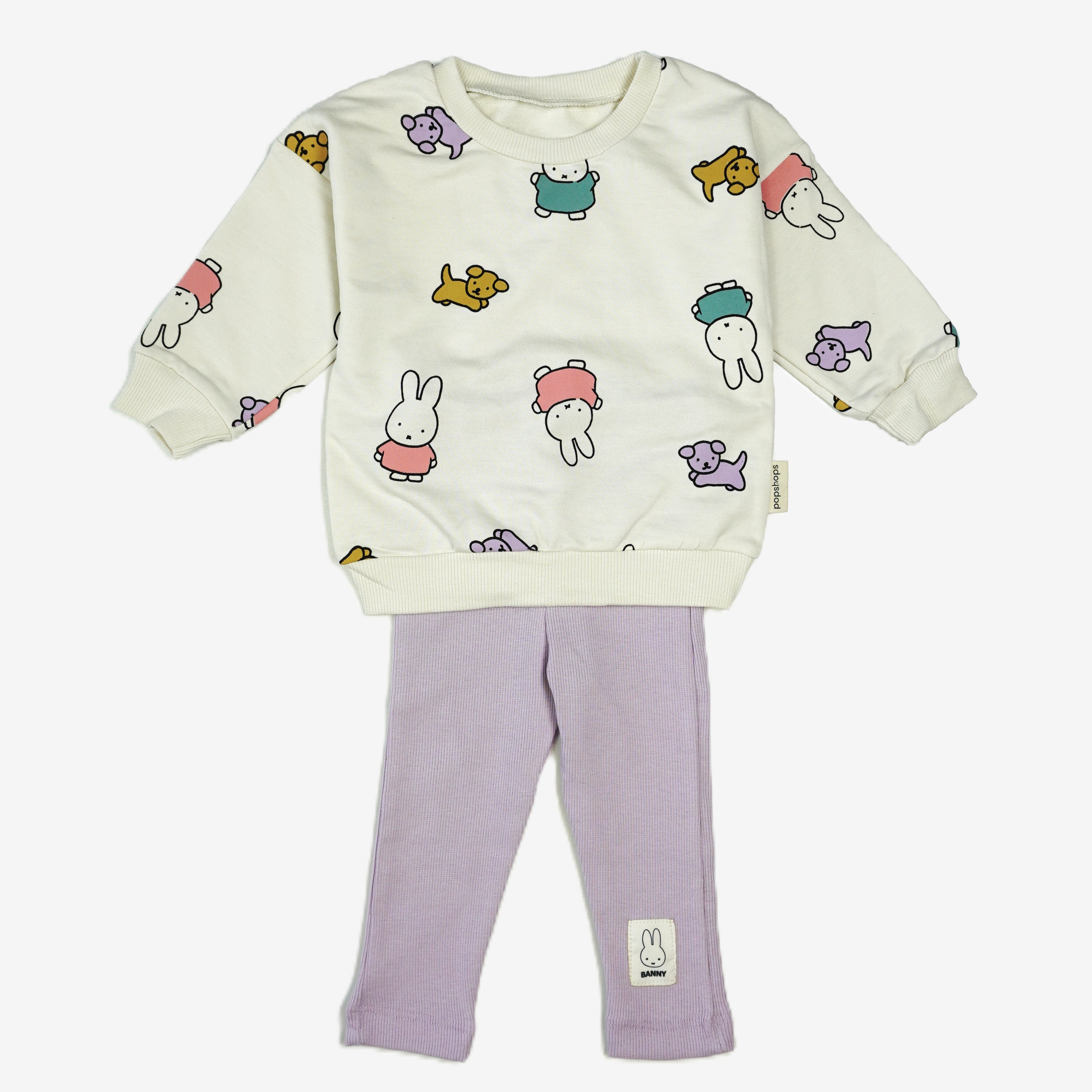 🐰 Popinops Baby Set – Miffy & Friends Creme & Lila (Sweatshirt & Leggings)