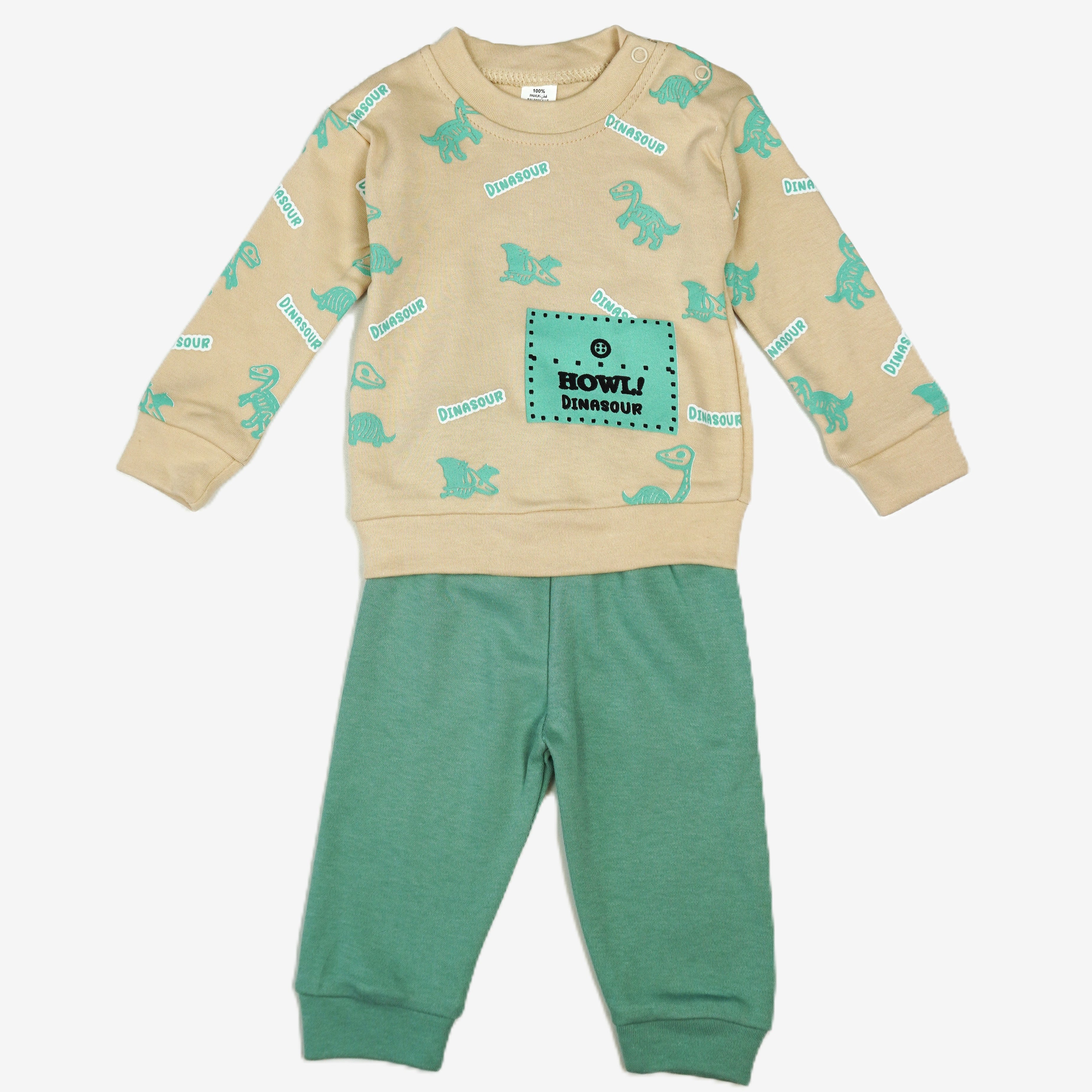 🦖 Baby Jogginganzug – "Dinasour" Beige & Grün (Sweatshirt & Hose)