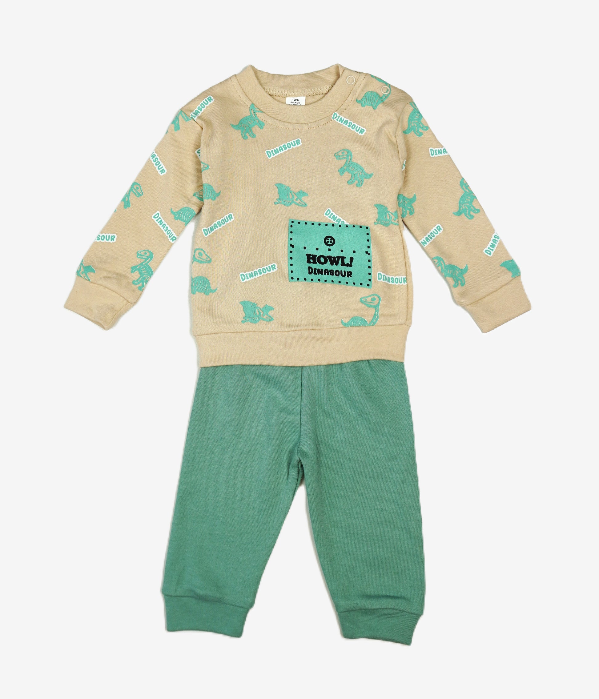 🦖 Baby Jogginganzug – "Dinasour" Beige & Grün (Sweatshirt & Hose)