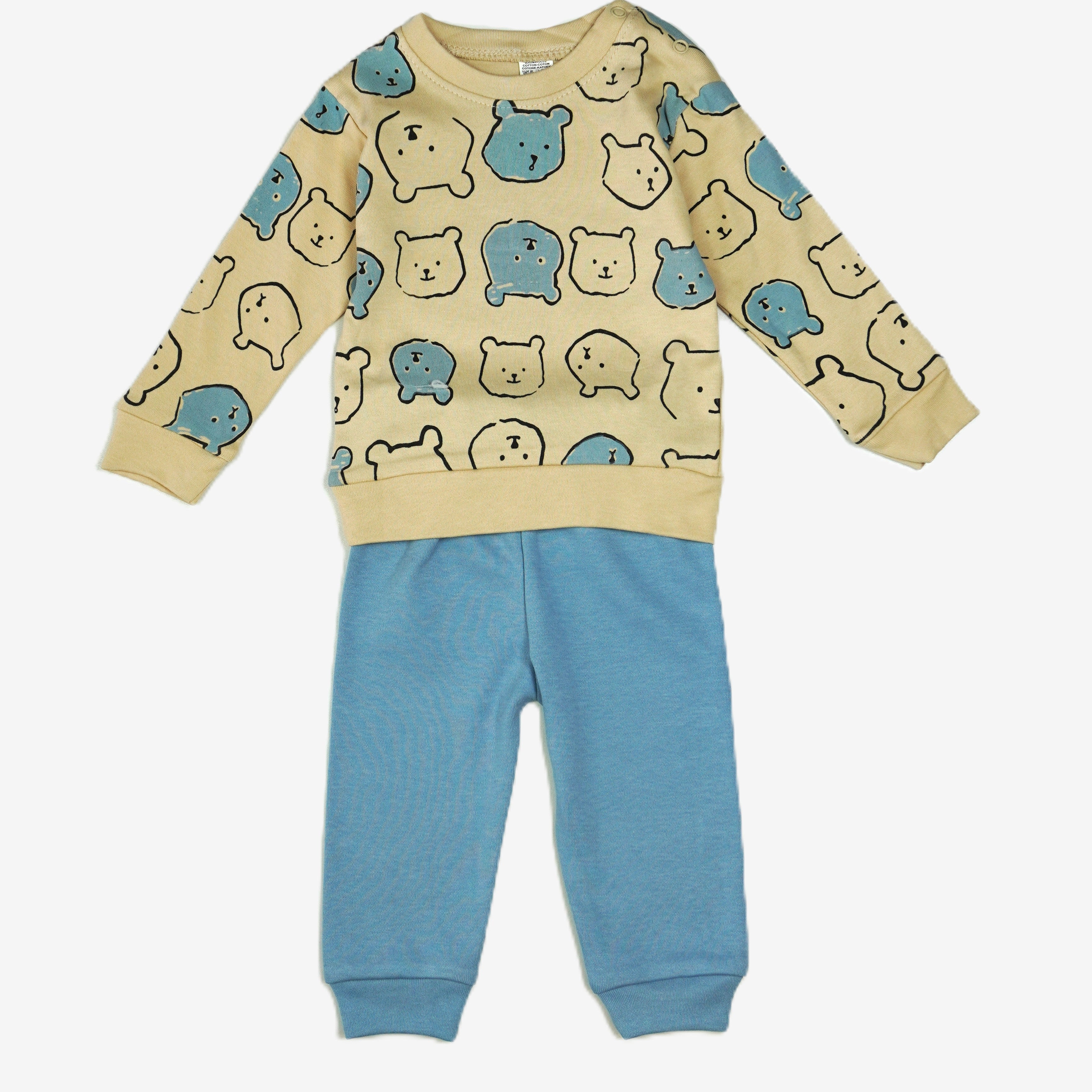 🐻 Baby Jogginganzug – Bären-Print Creme & Blau (Sweatshirt & Hose)