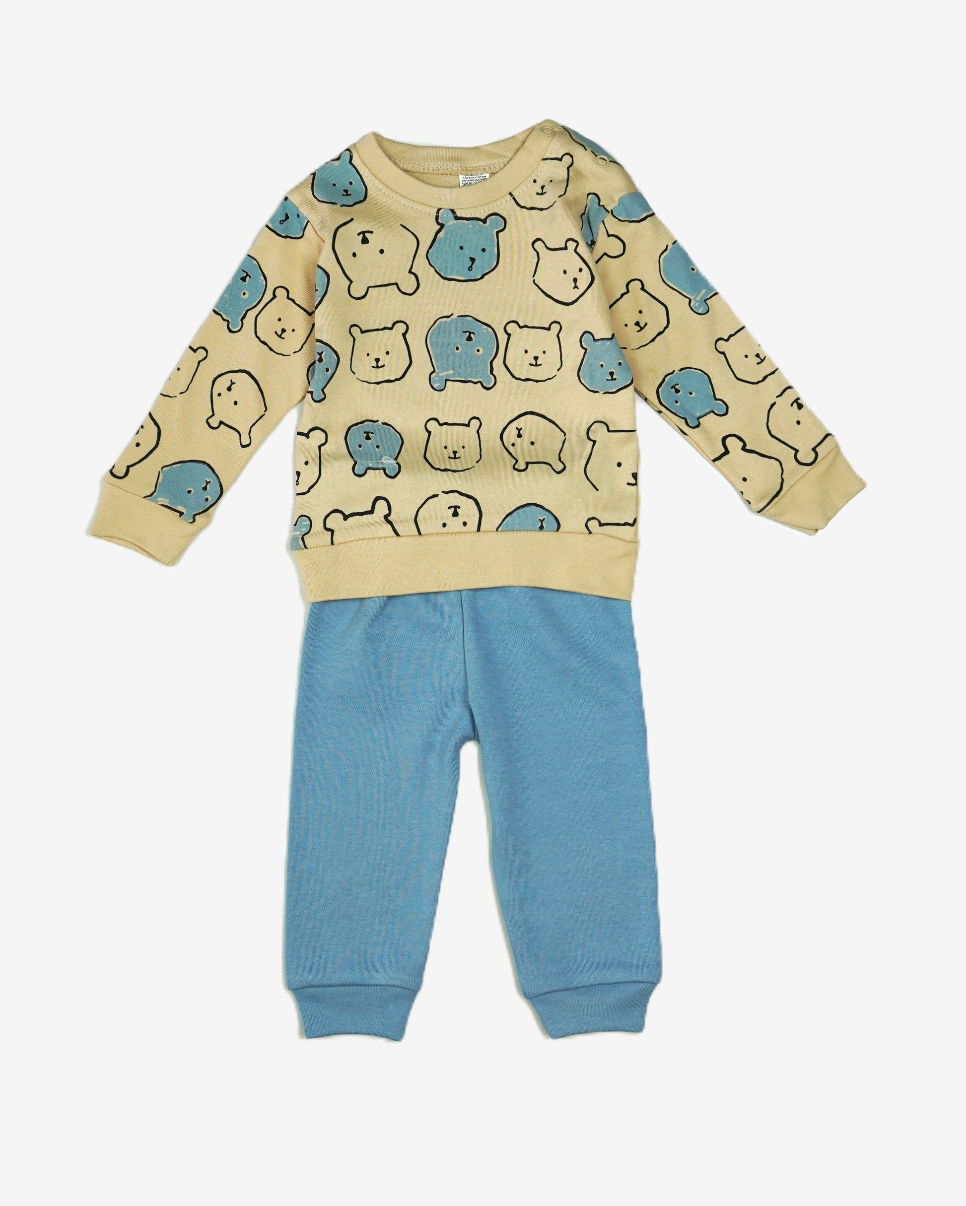 🐻 Baby Jogginganzug – Bären-Print Creme & Blau (Sweatshirt & Hose)