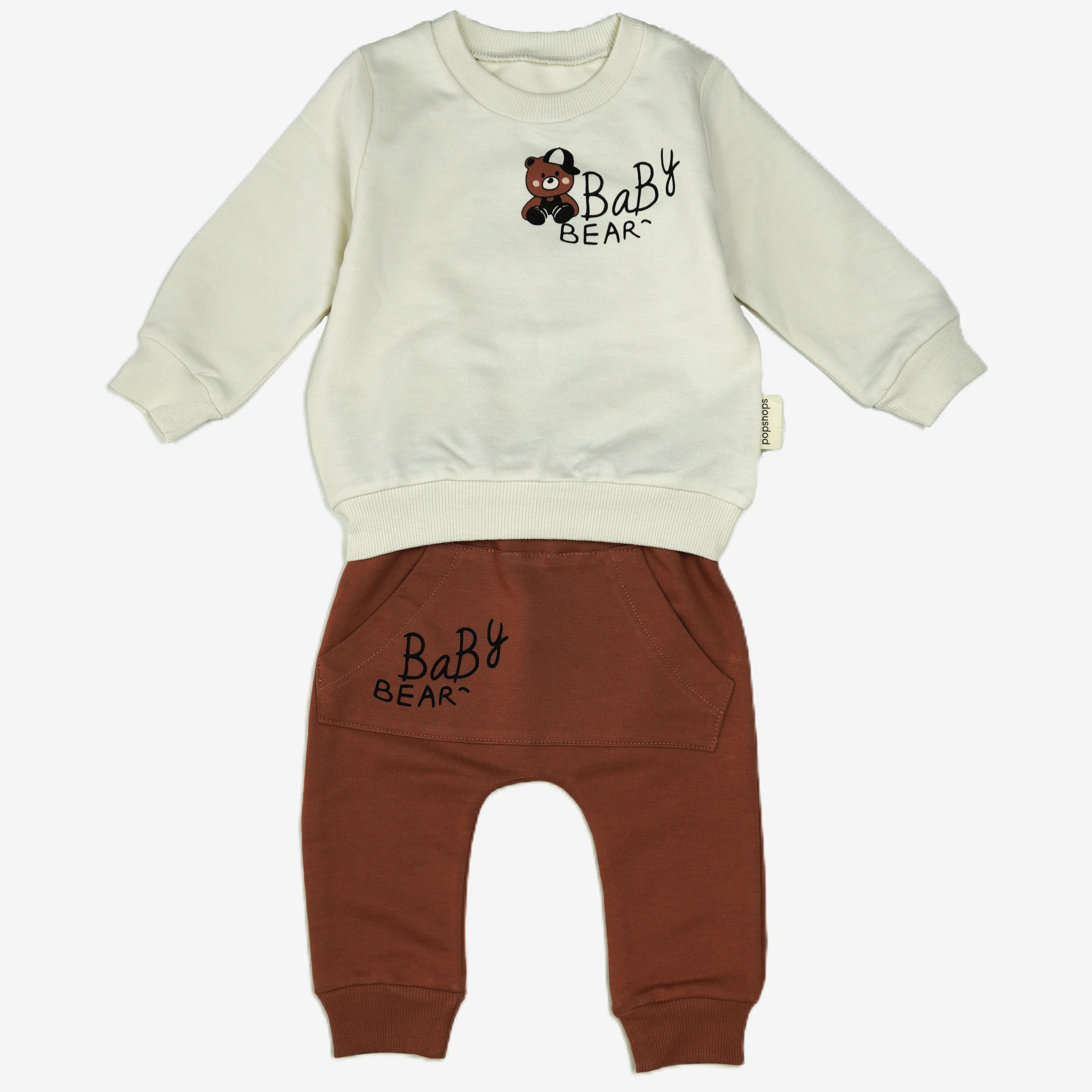 🐻 Popinops Baby Jogginganzug – "Baby Bear" Creme & Braun (Sweatshirt & Hose)