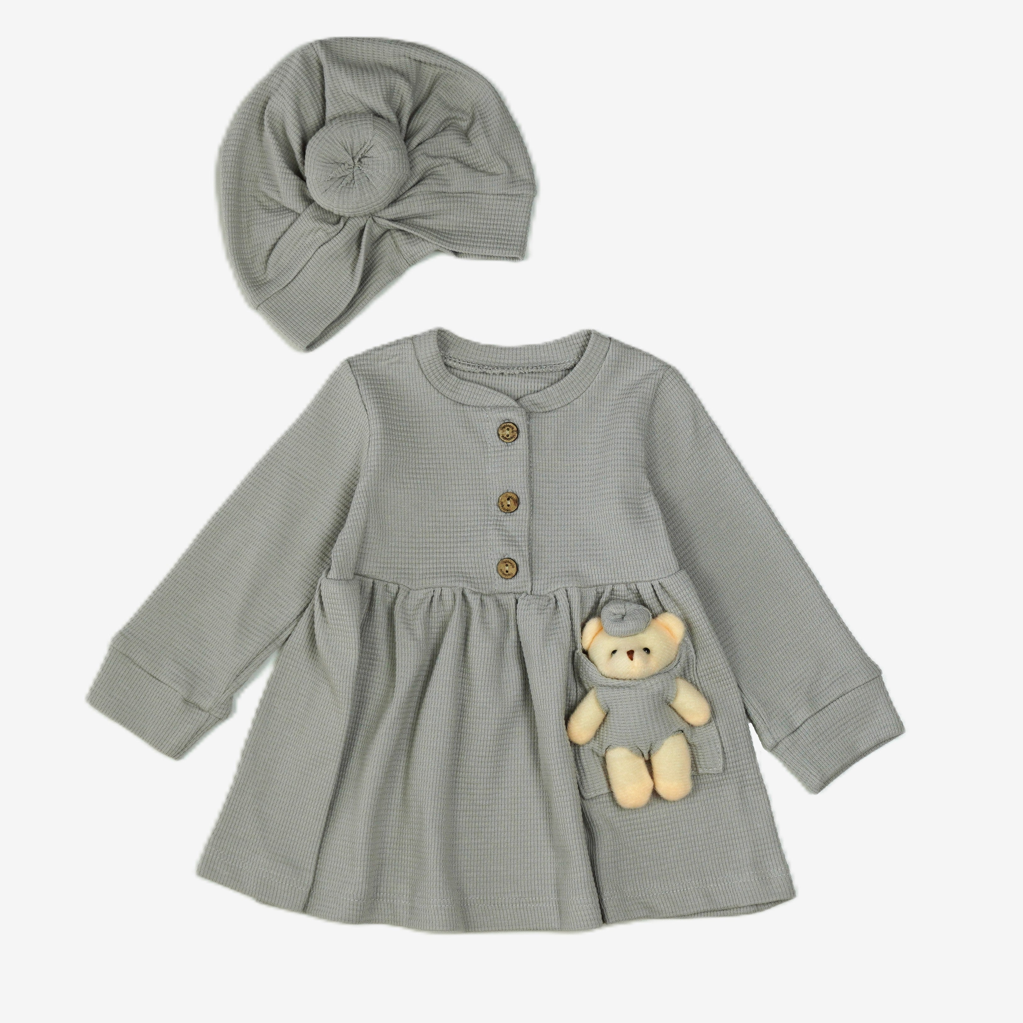 🐻 Baby Mädchen Kleid Set – Salbei mit Mütze & Teddybär