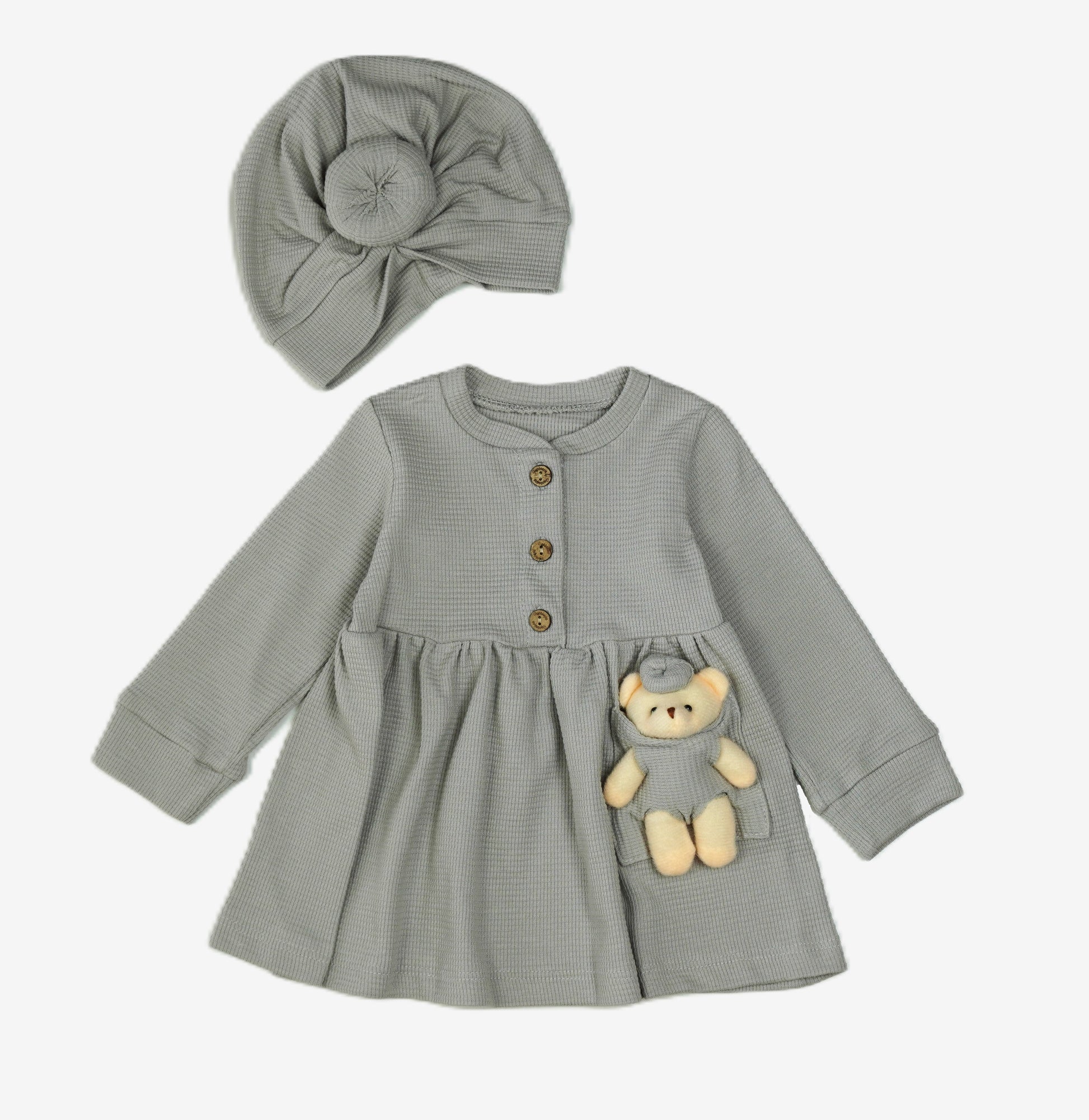 🐻 Baby Mädchen Kleid Set – Salbei mit Mütze & Teddybär
