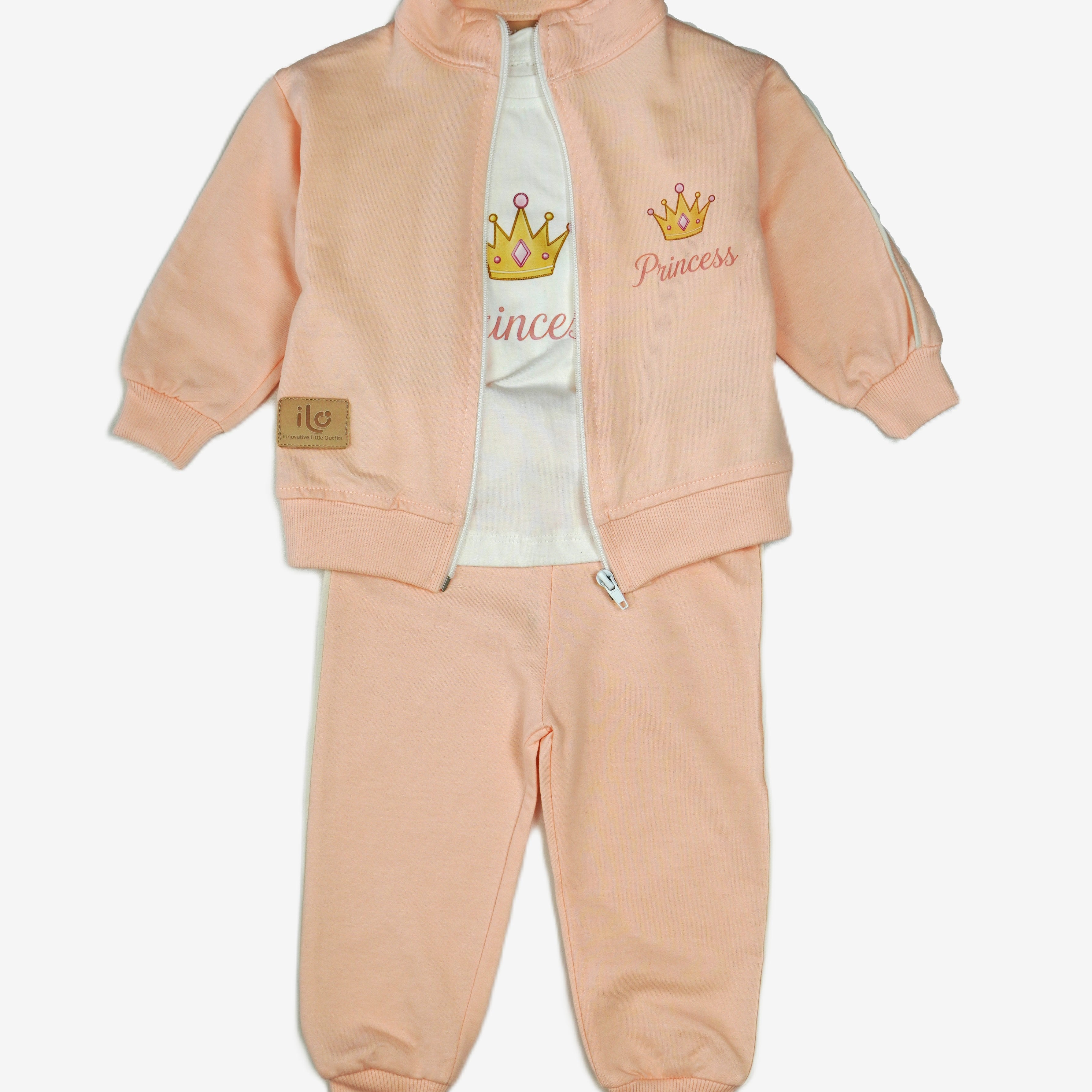 👑 ILO Baby Princess Set – 3-teilig Lachs (Jacke, Hose & Shirt)