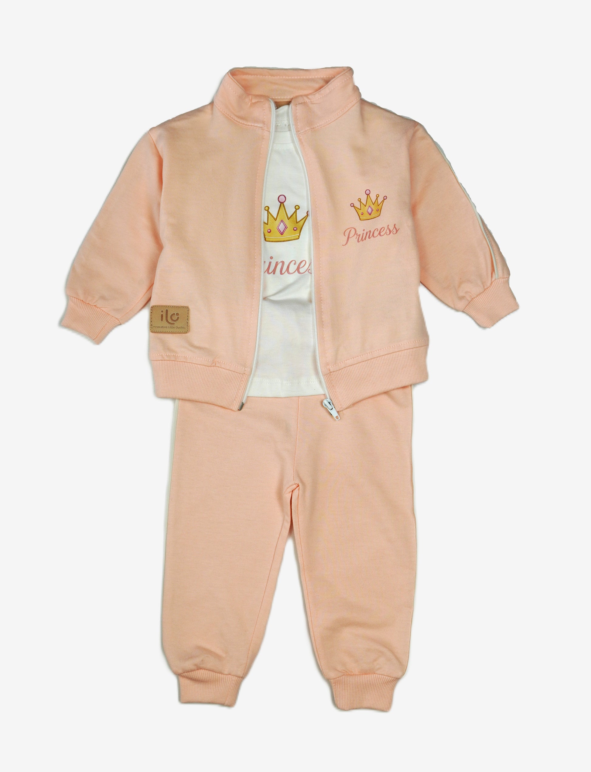 👑 ILO Baby Princess Set – 3-teilig Lachs (Jacke, Hose & Shirt)