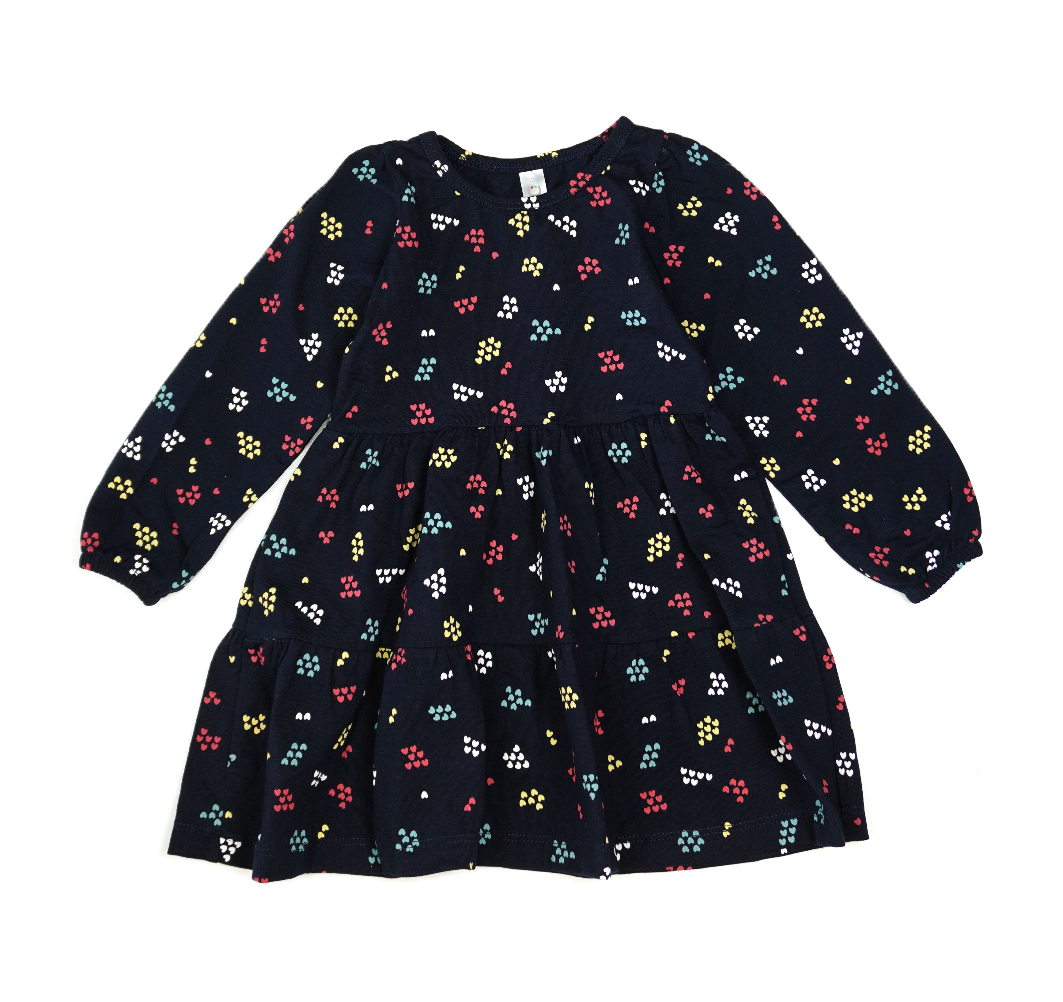 💙 Mädchen Langarmkleid – Navy mit bunten Herzen