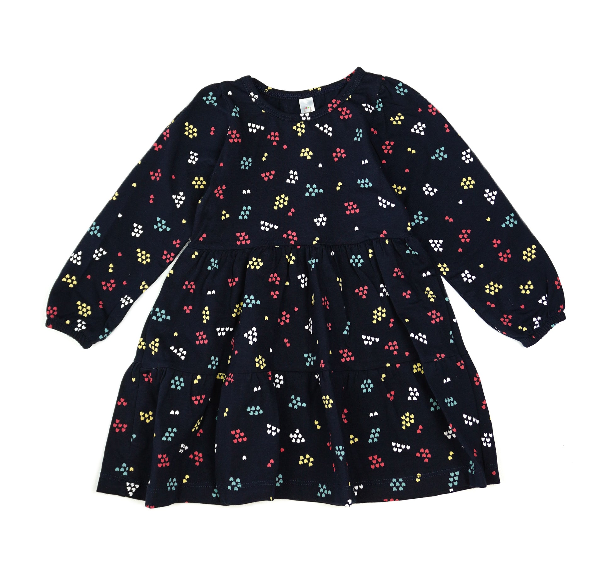 💙 Mädchen Langarmkleid – Navy mit bunten Herzen