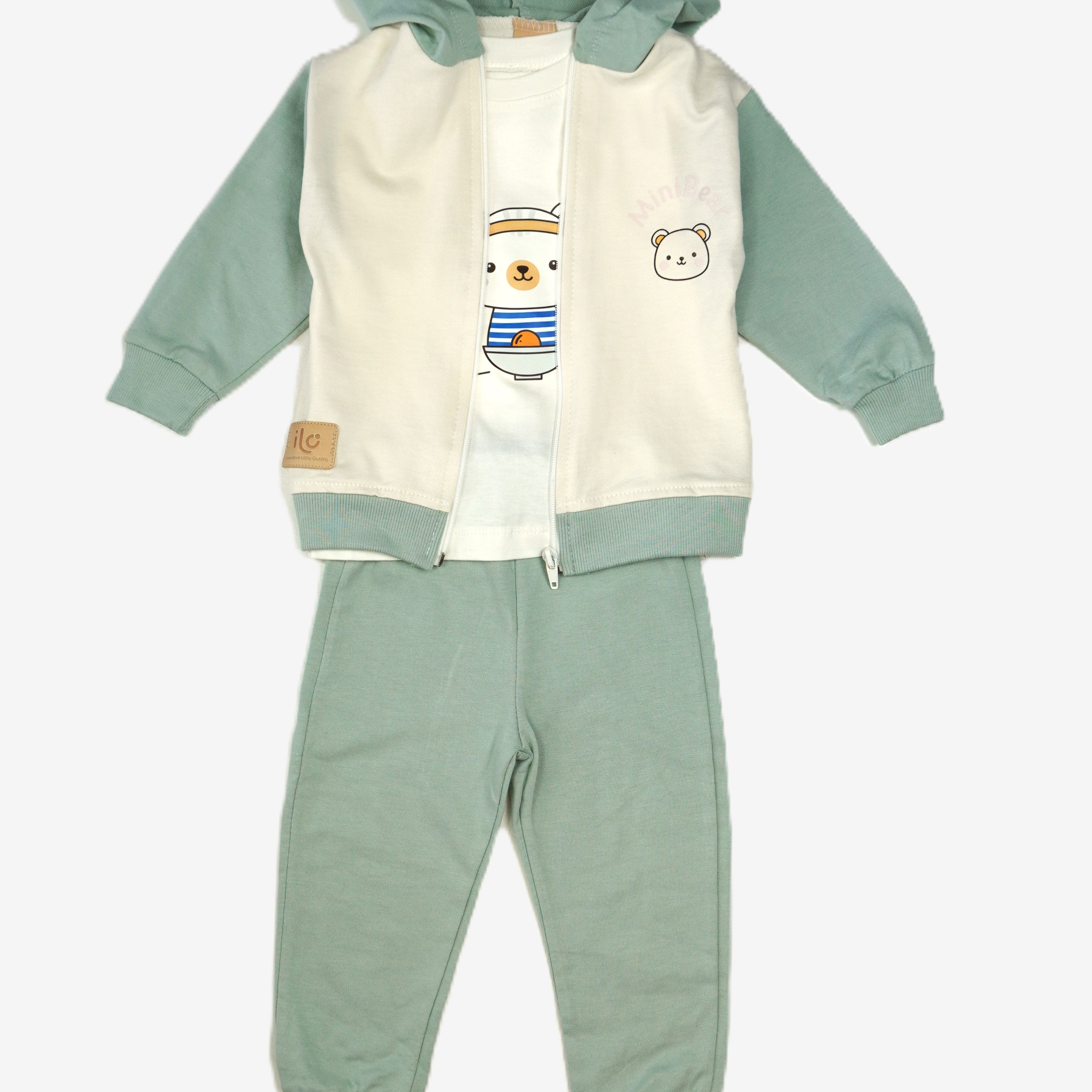 Little Bear – Baby Set 3-teilig Hoodie Shirt & Jogginghose Sagegreen