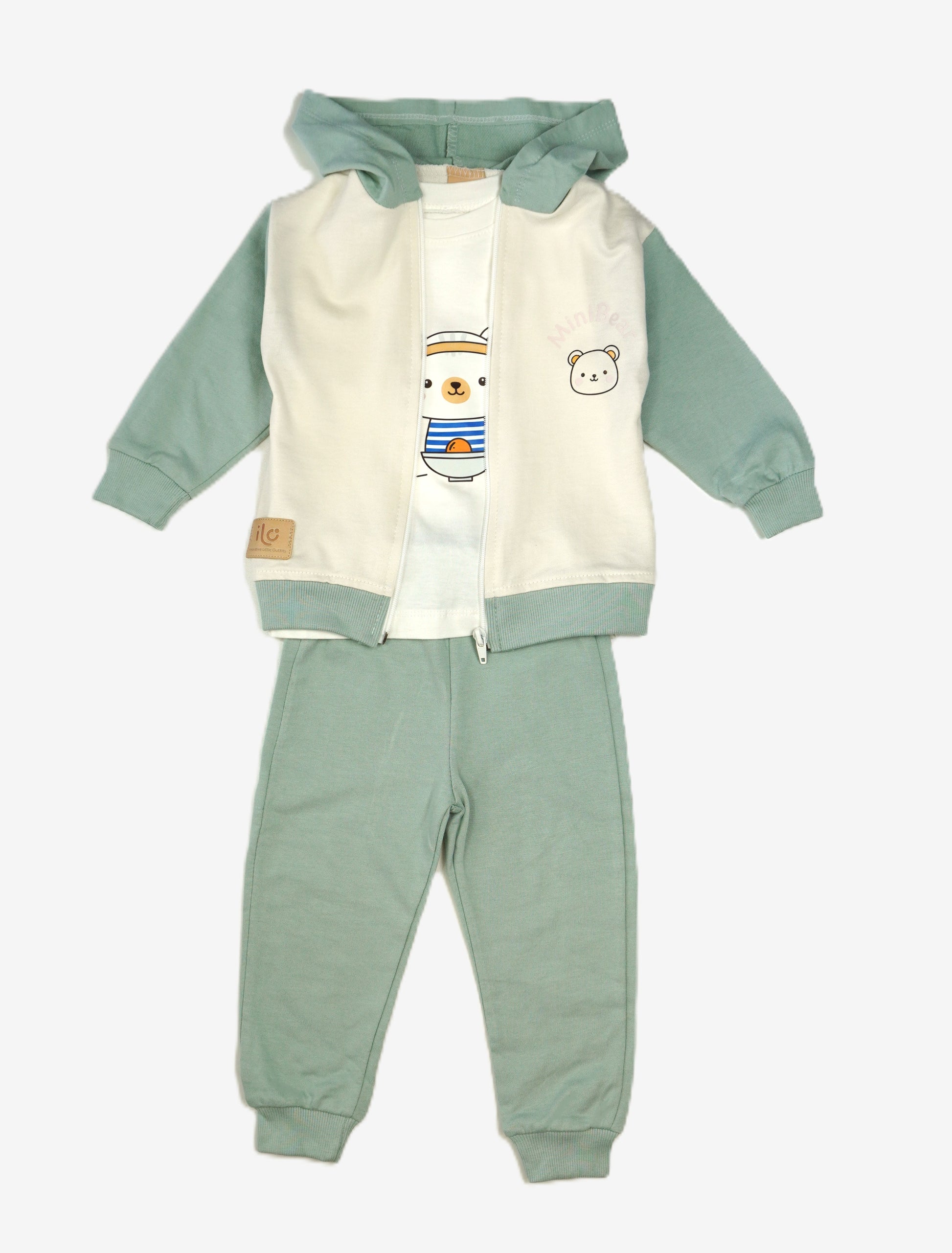 Little Bear – Baby Set 3-teilig Hoodie Shirt & Jogginghose Sagegreen