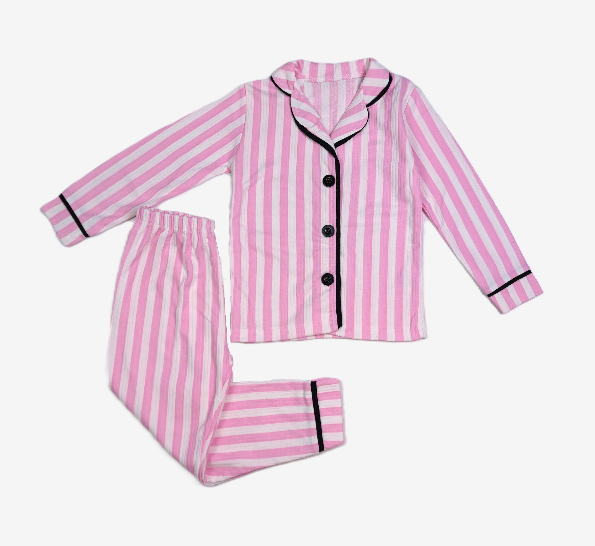 Kinder Pyjama Set Rosa-Weiss Streifen mit schwarzen Kontrastdetails