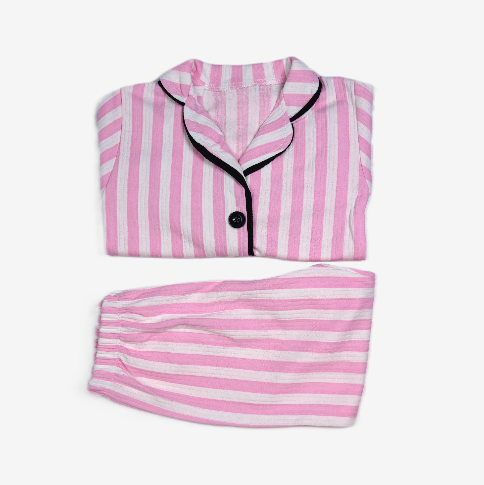 Kinder Pyjama Set Rosa-Weiss Streifen mit schwarzen Kontrastdetails