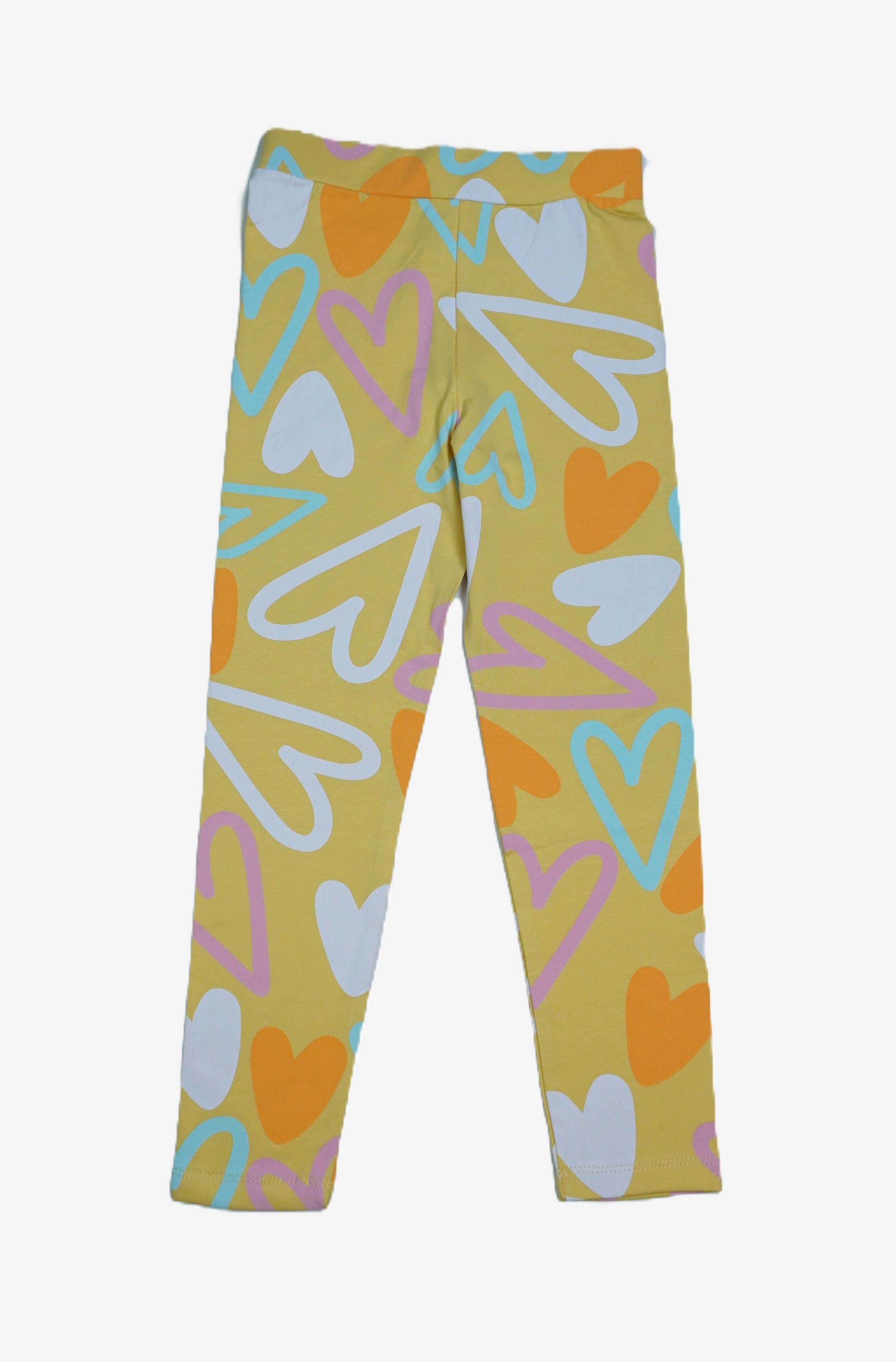 Mädchen Leggings Gelb mit buntem Herzen-Allover-Print