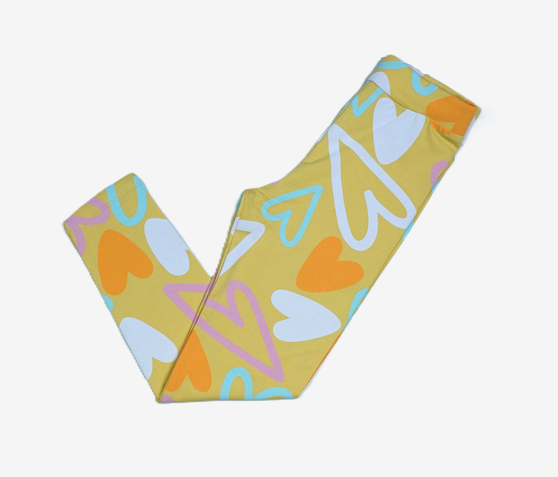 Mädchen Leggings Gelb mit buntem Herzen-Allover-Print
