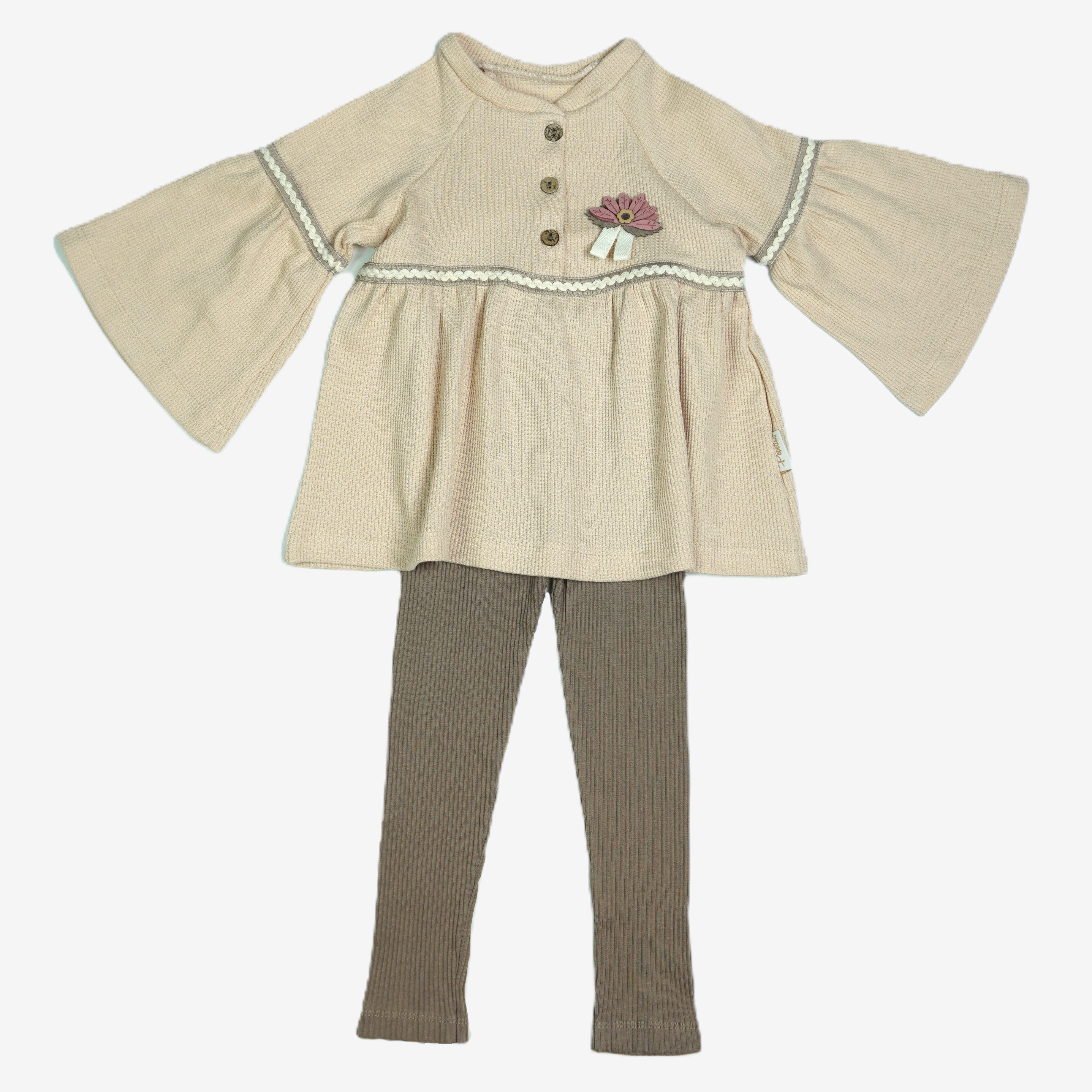 Mädchen Set Trompetenarm-Tunika Beige mit Blumen-Brosche & Ripp-Leggings