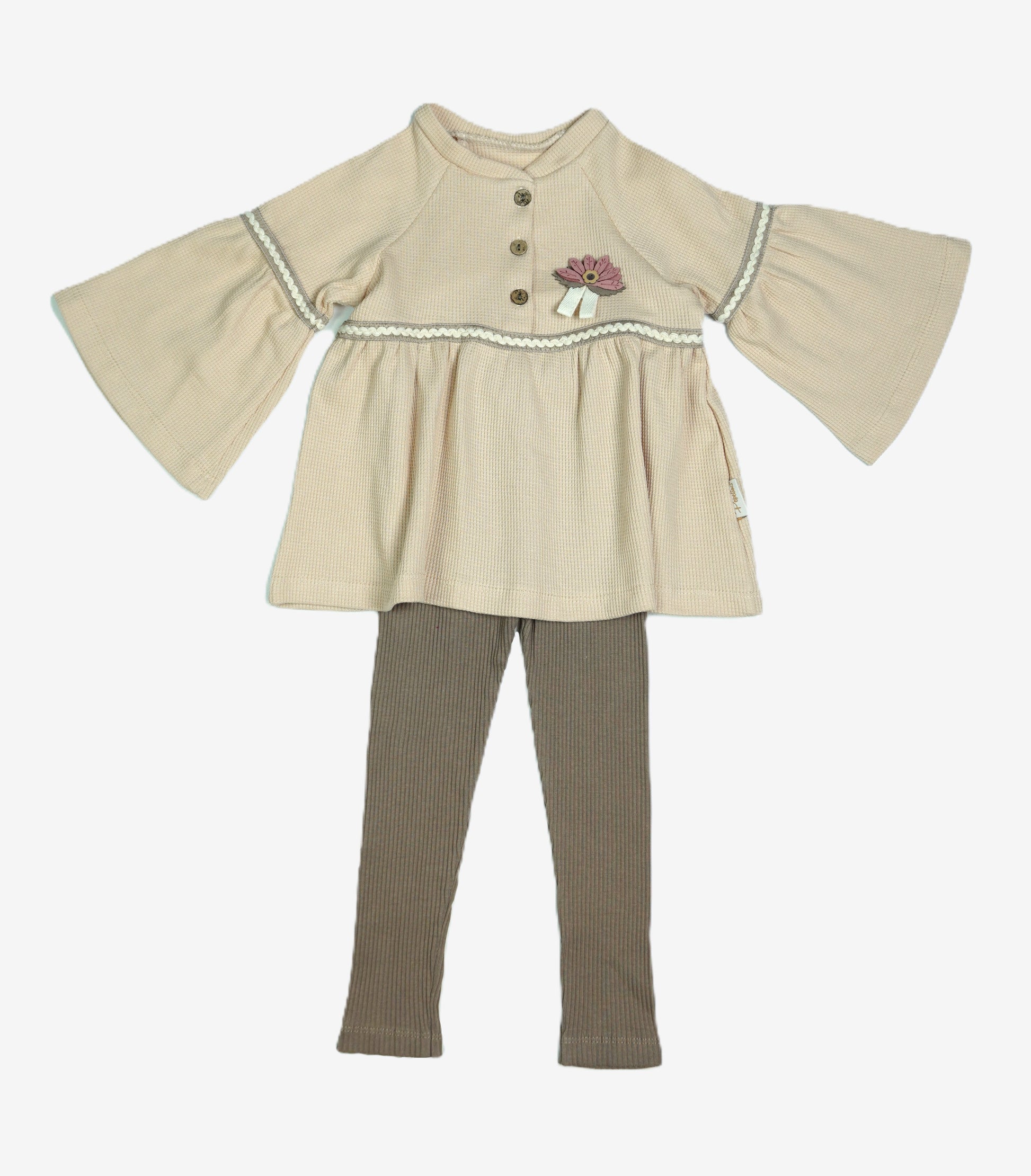 Mädchen Set Trompetenarm-Tunika Beige mit Blumen-Brosche & Ripp-Leggings