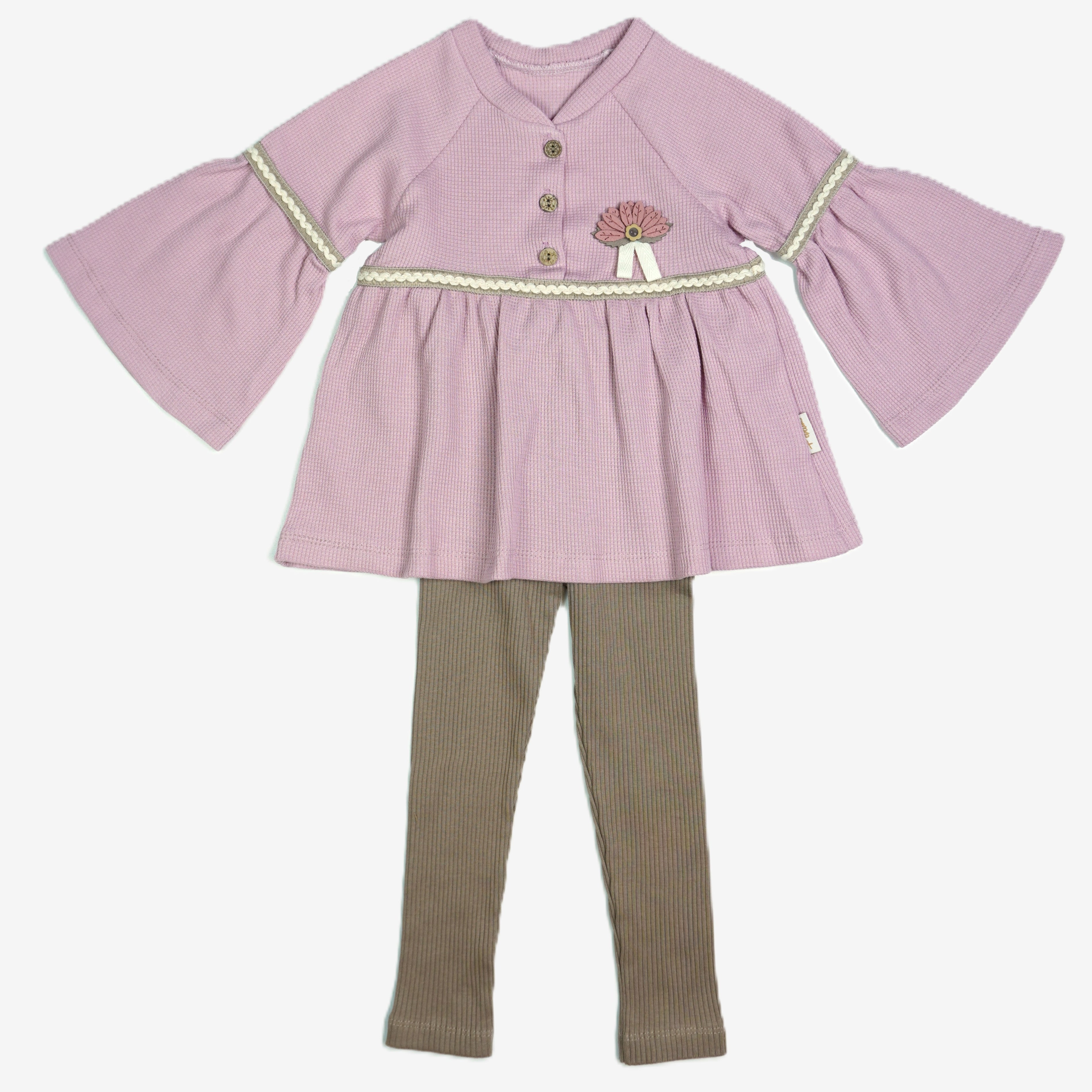 Mädchen Set Trompetenarm-Tunika Beige mit Blumen-Brosche & Ripp-Leggings