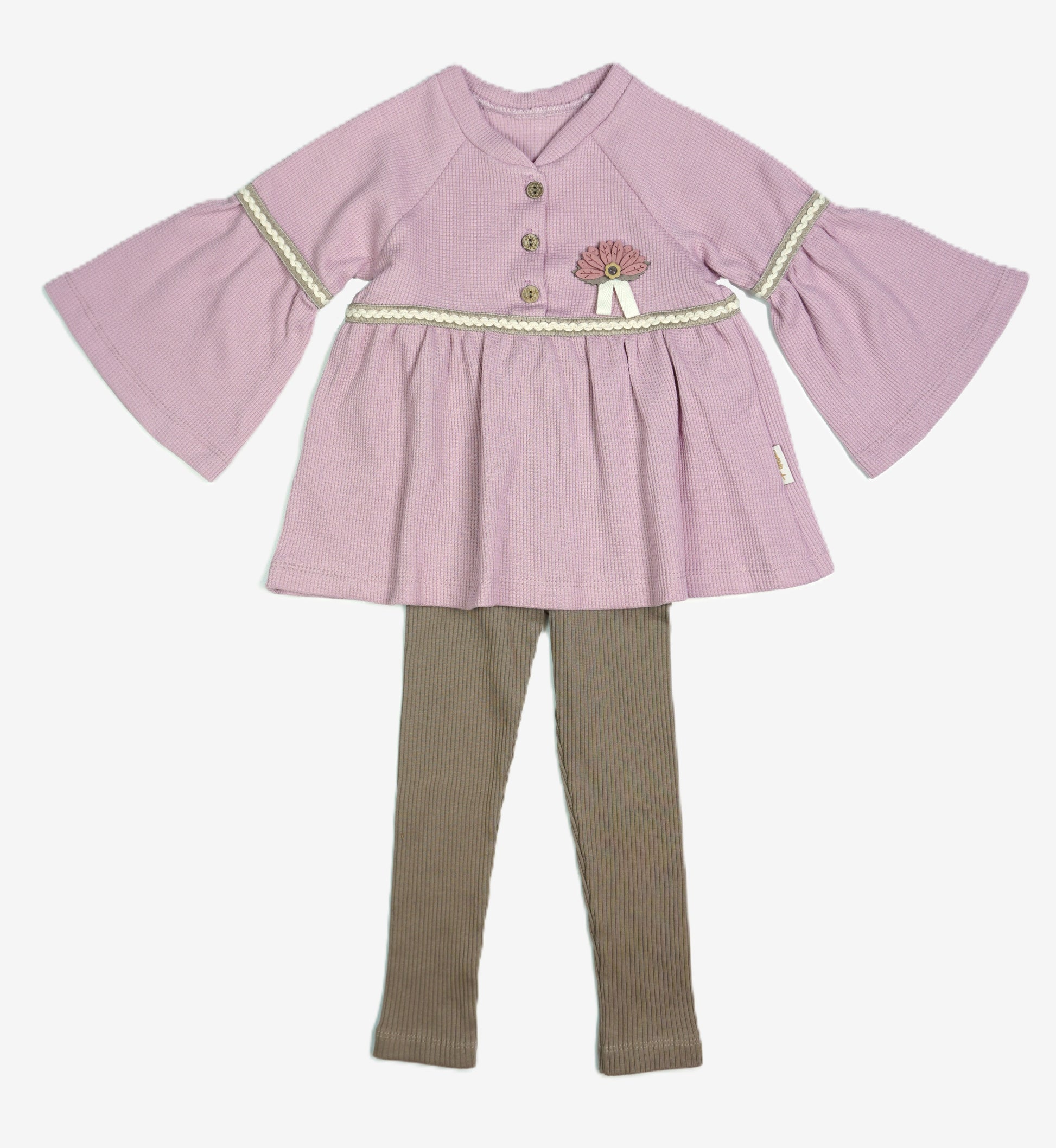 Mädchen Set Trompetenarm-Tunika Beige mit Blumen-Brosche & Ripp-Leggings