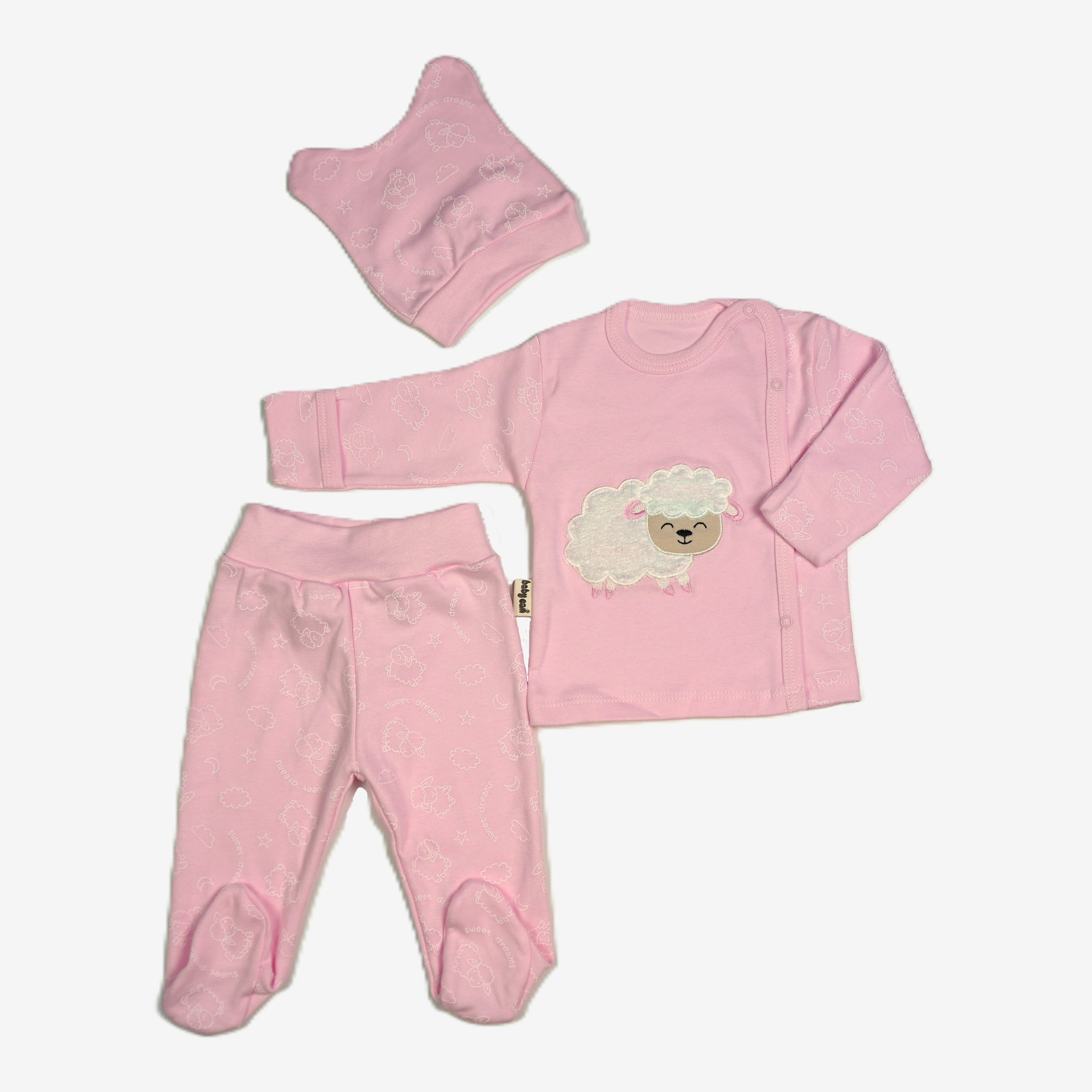 Baby 3-teiliges Set "Schäfchen" Rosa – Shirt, Strampelhose & Mütze