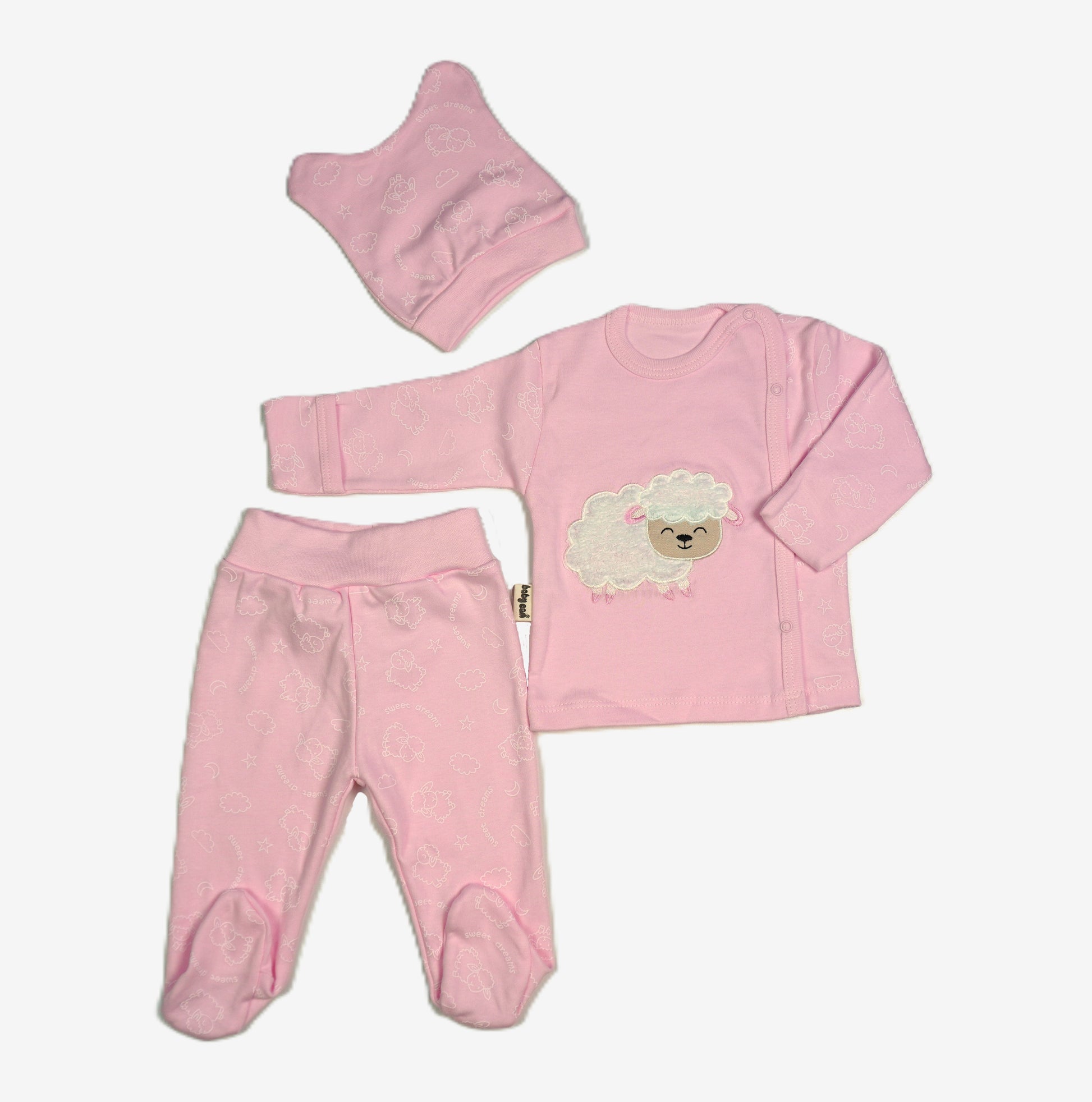 Baby 3-teiliges Set "Schäfchen" Rosa – Shirt, Strampelhose & Mütze