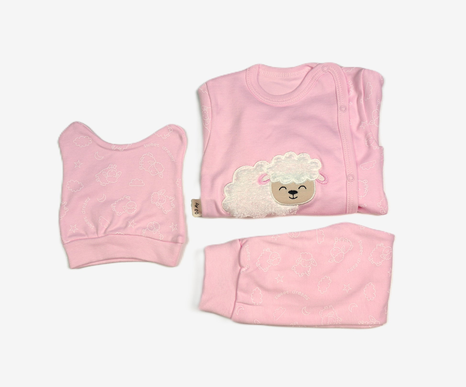 Baby 3-teiliges Set "Schäfchen" Rosa – Shirt, Strampelhose & Mütze
