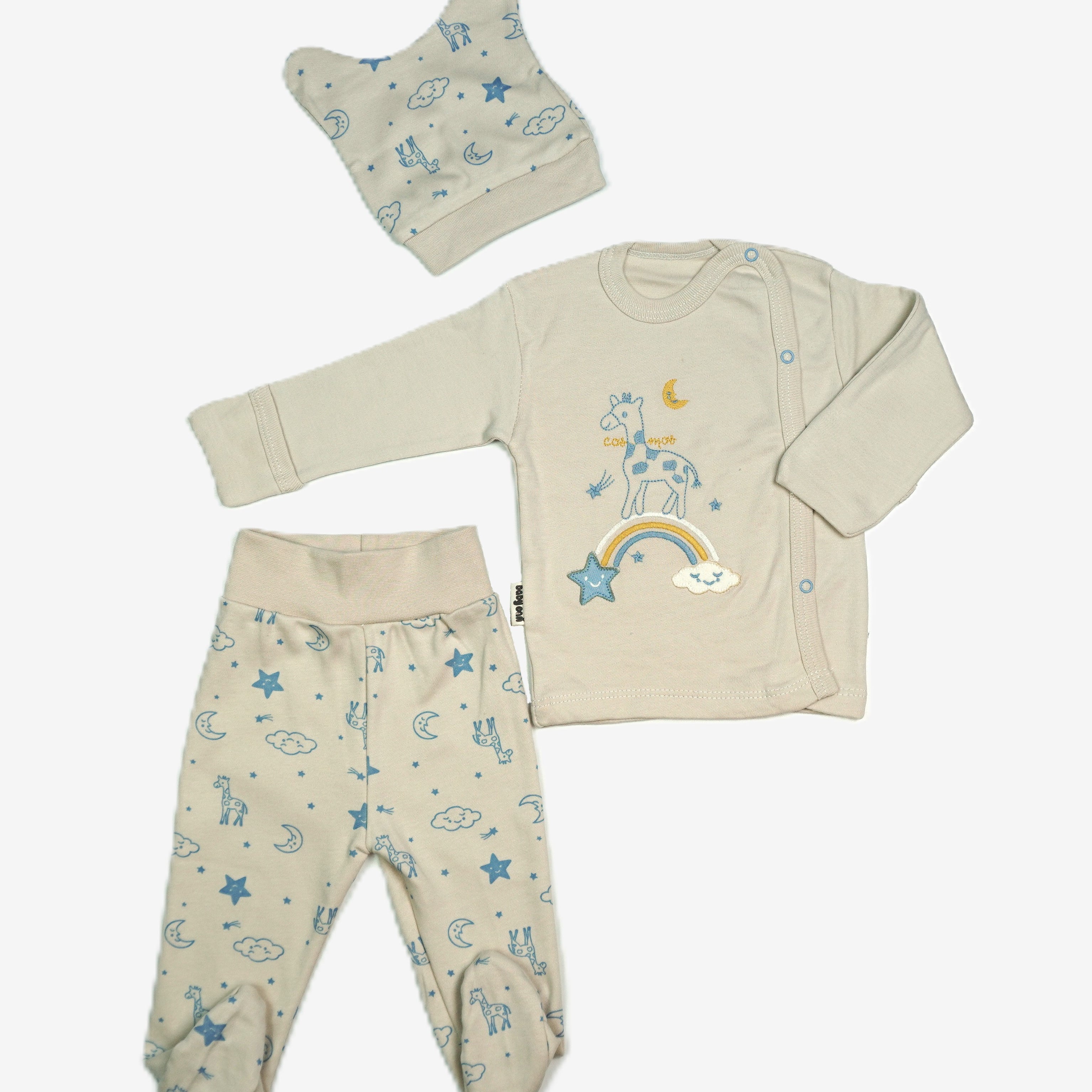 Neugeborenen-Set 3-teilig «Giraffe & Regenbogen» – Creme/Blau