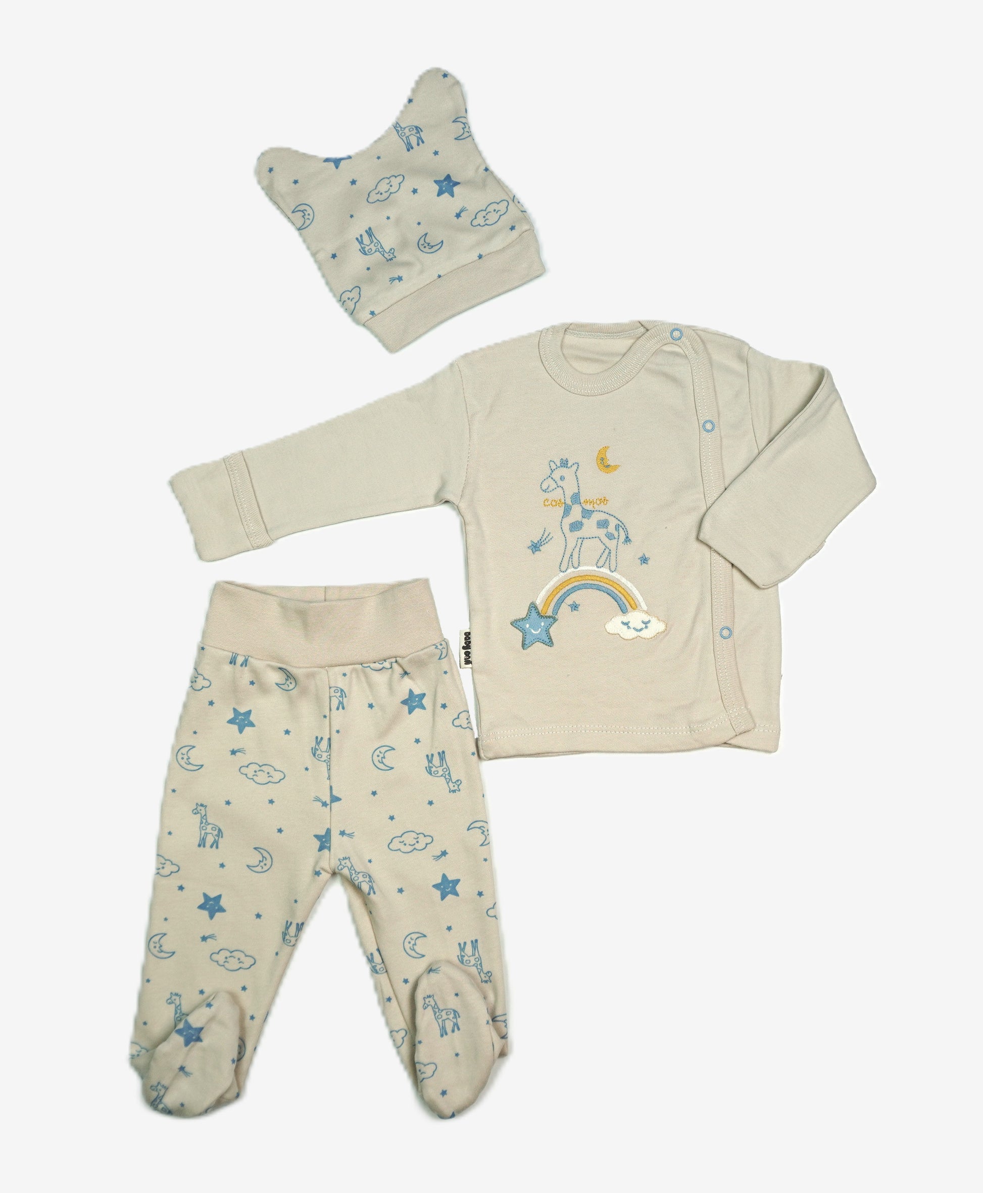 Neugeborenen-Set 3-teilig «Giraffe & Regenbogen» – Creme/Blau