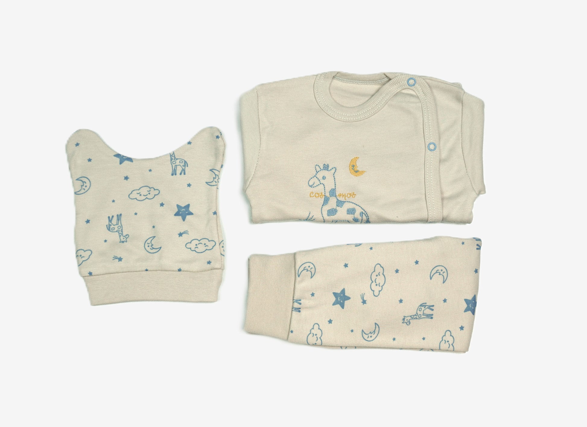 Neugeborenen-Set 3-teilig «Giraffe & Regenbogen» – Creme/Blau