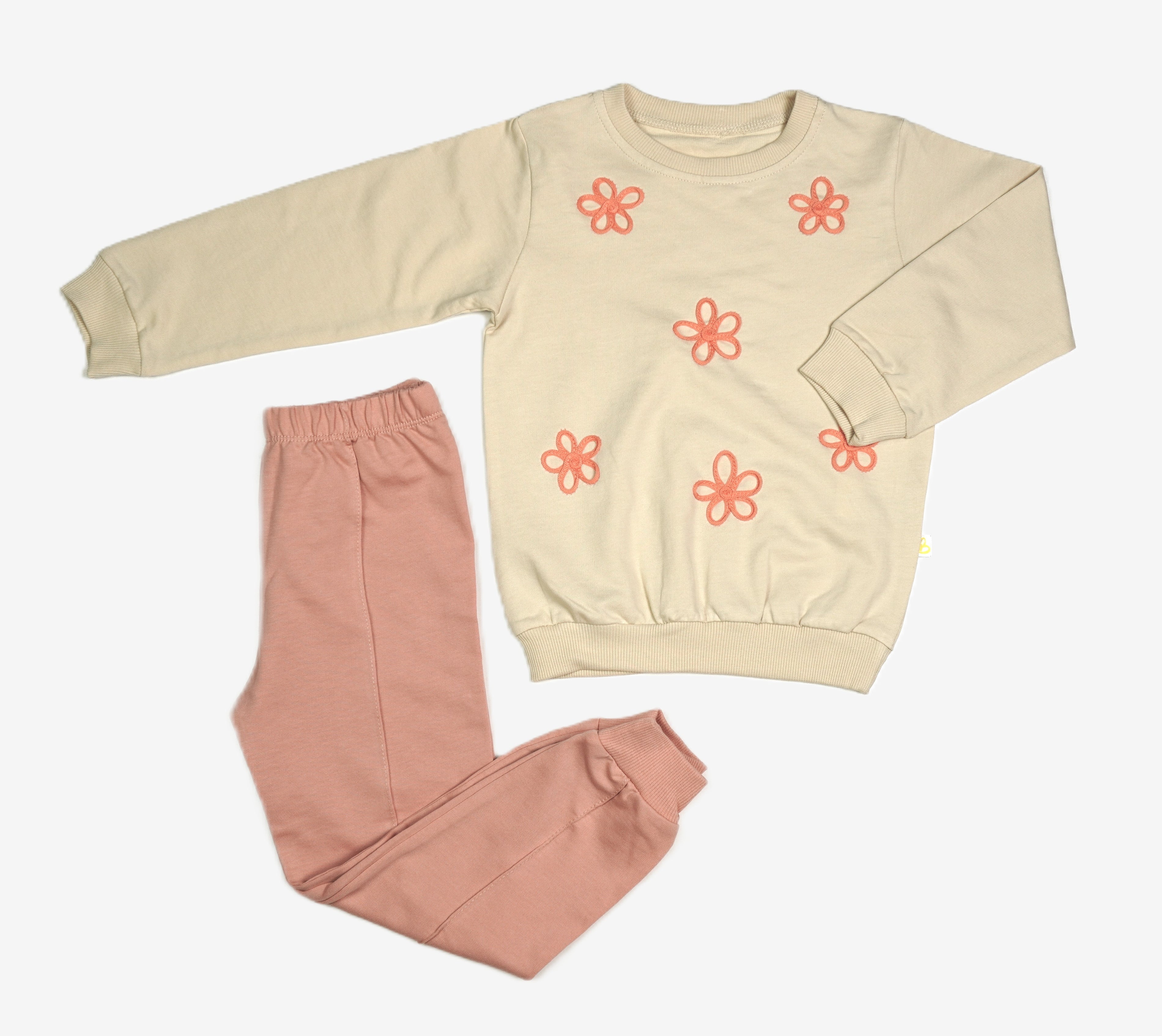 Mädchen-Set 2-teilig «Blumen Applikation» – Creme/Altrosa