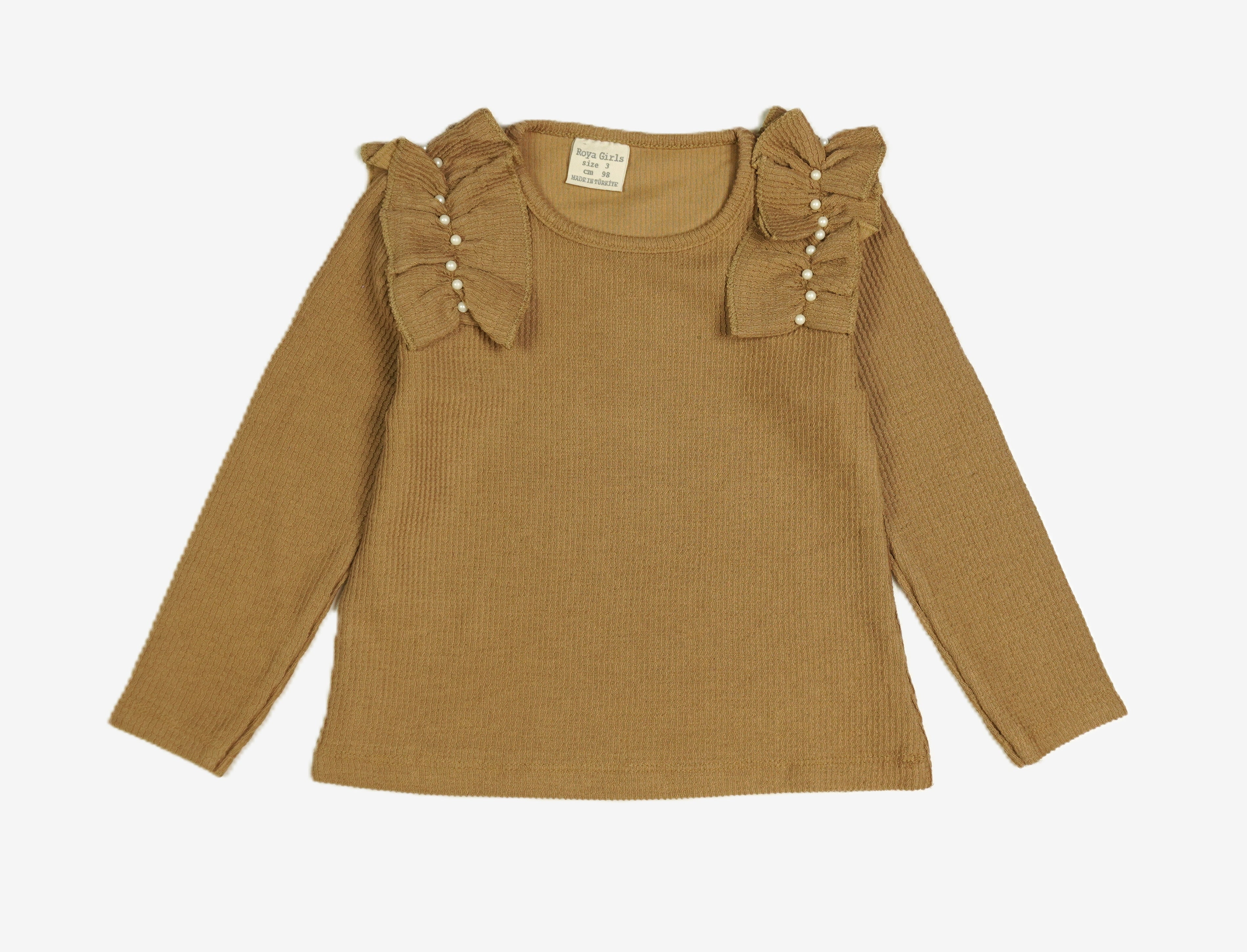 🤖 Mädchen Langarmshirt «Pearl Bow» – Camel/Ocker