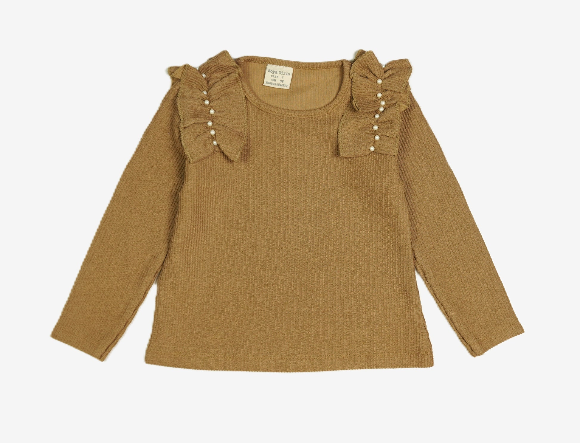 🤖 Mädchen Langarmshirt «Pearl Bow» – Camel/Ocker