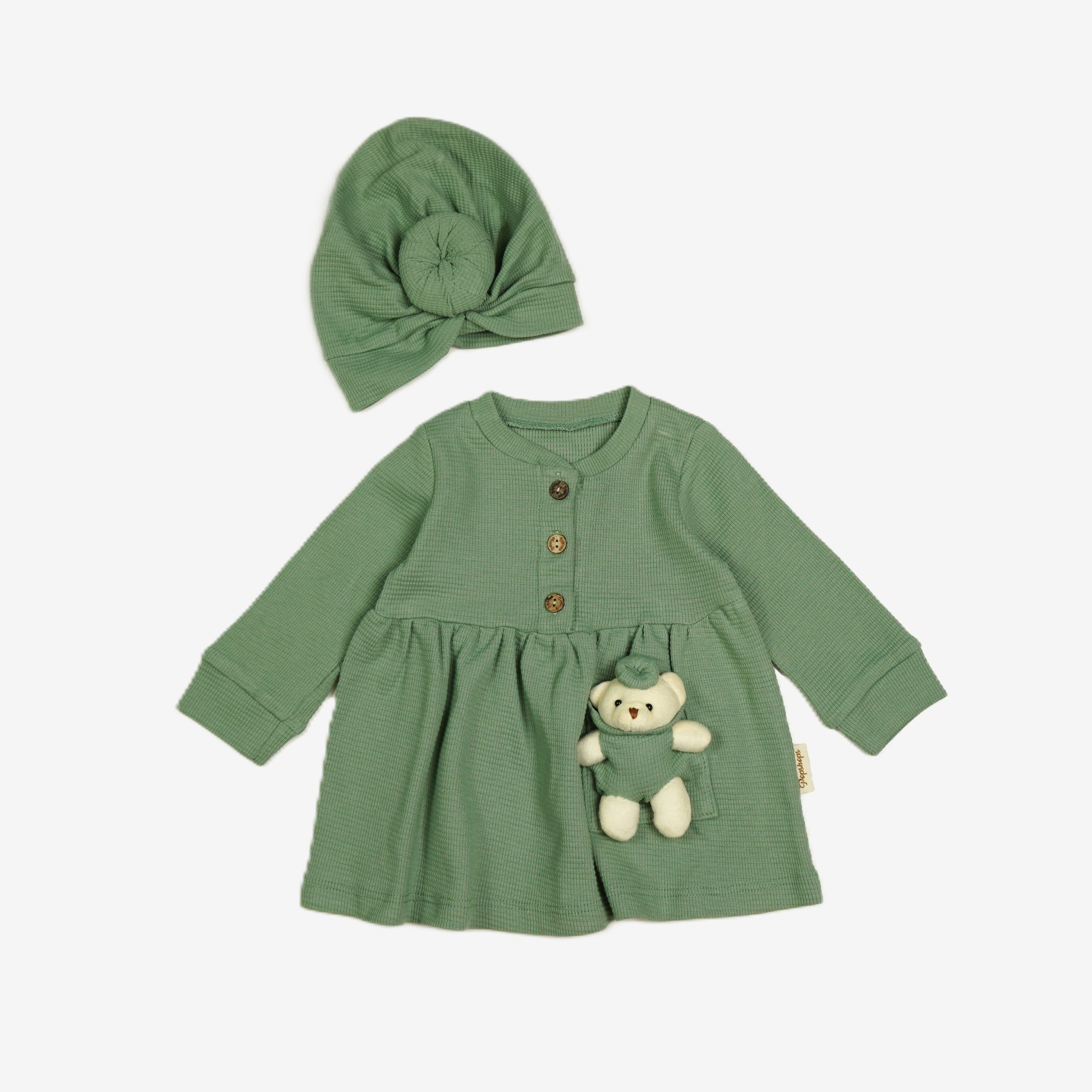 Baby 2-in-1 Set: Rippkleid Salbeigrün mit Teddybär & Turban-Mütze