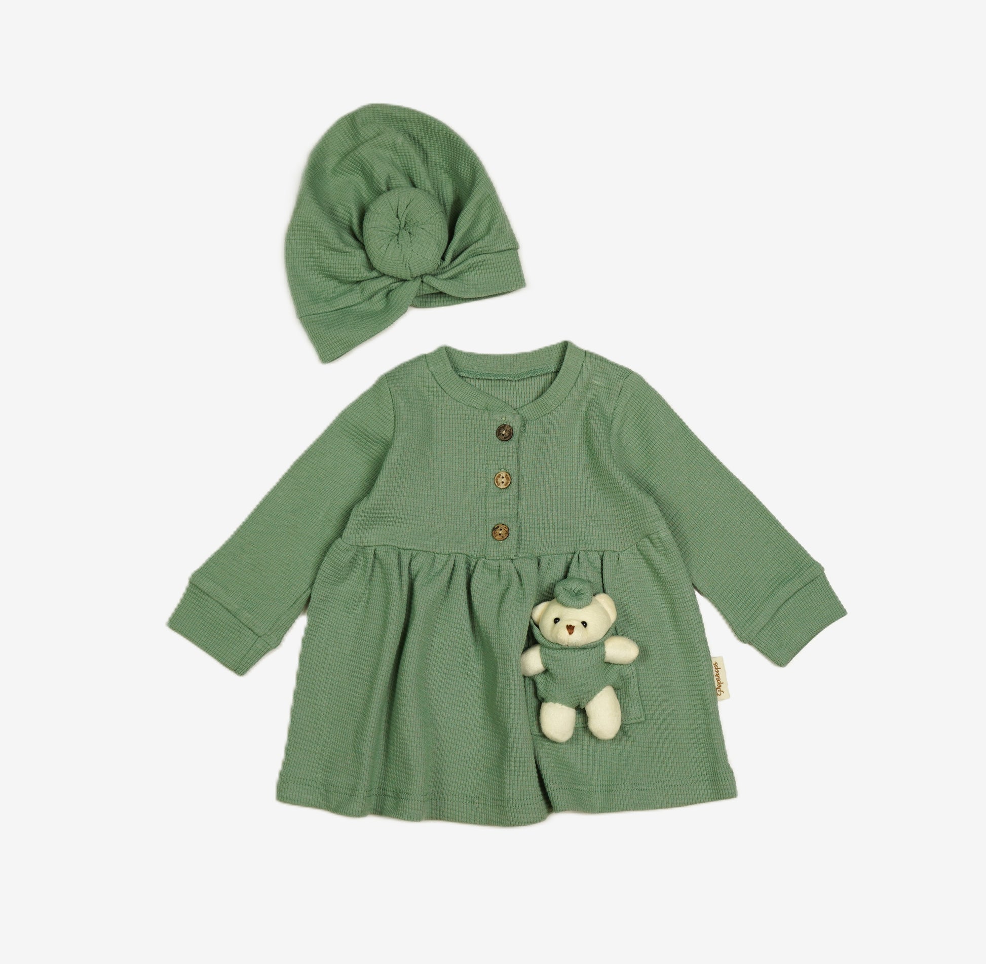 Baby 2-in-1 Set: Rippkleid Salbeigrün mit Teddybär & Turban-Mütze