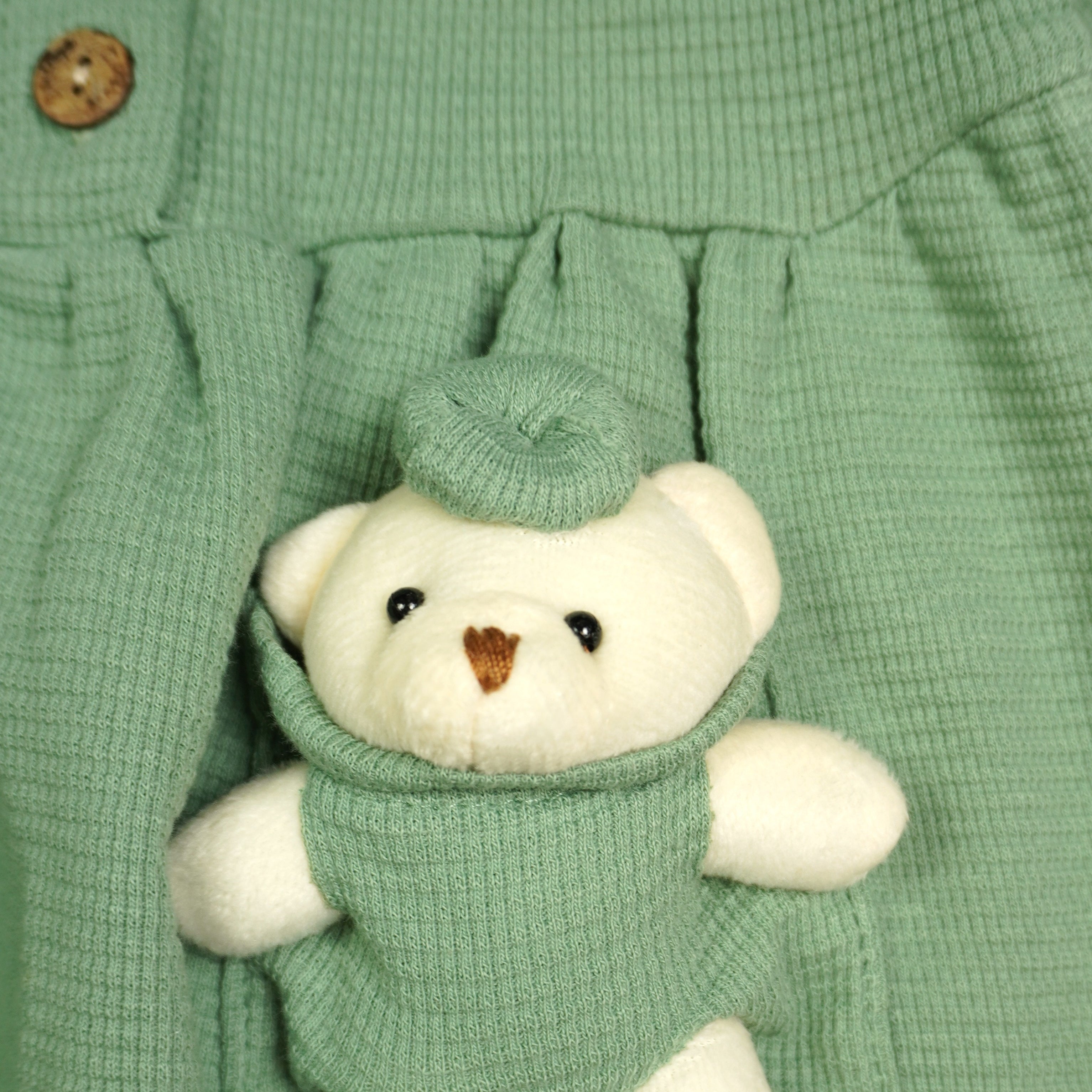 Baby 2-in-1 Set: Rippkleid Salbeigrün mit Teddybär & Turban-Mütze