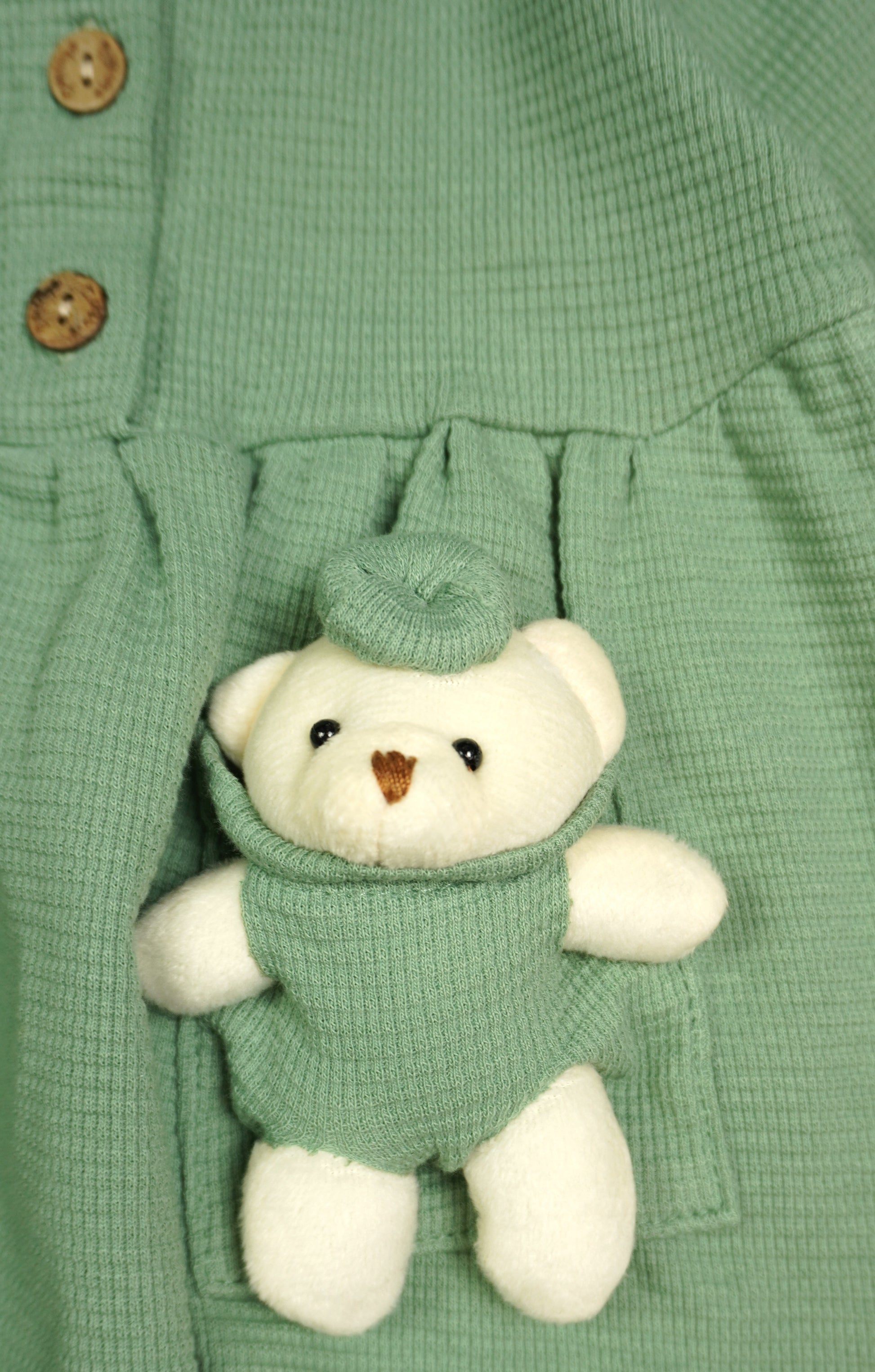 Baby 2-in-1 Set: Rippkleid Salbeigrün mit Teddybär & Turban-Mütze