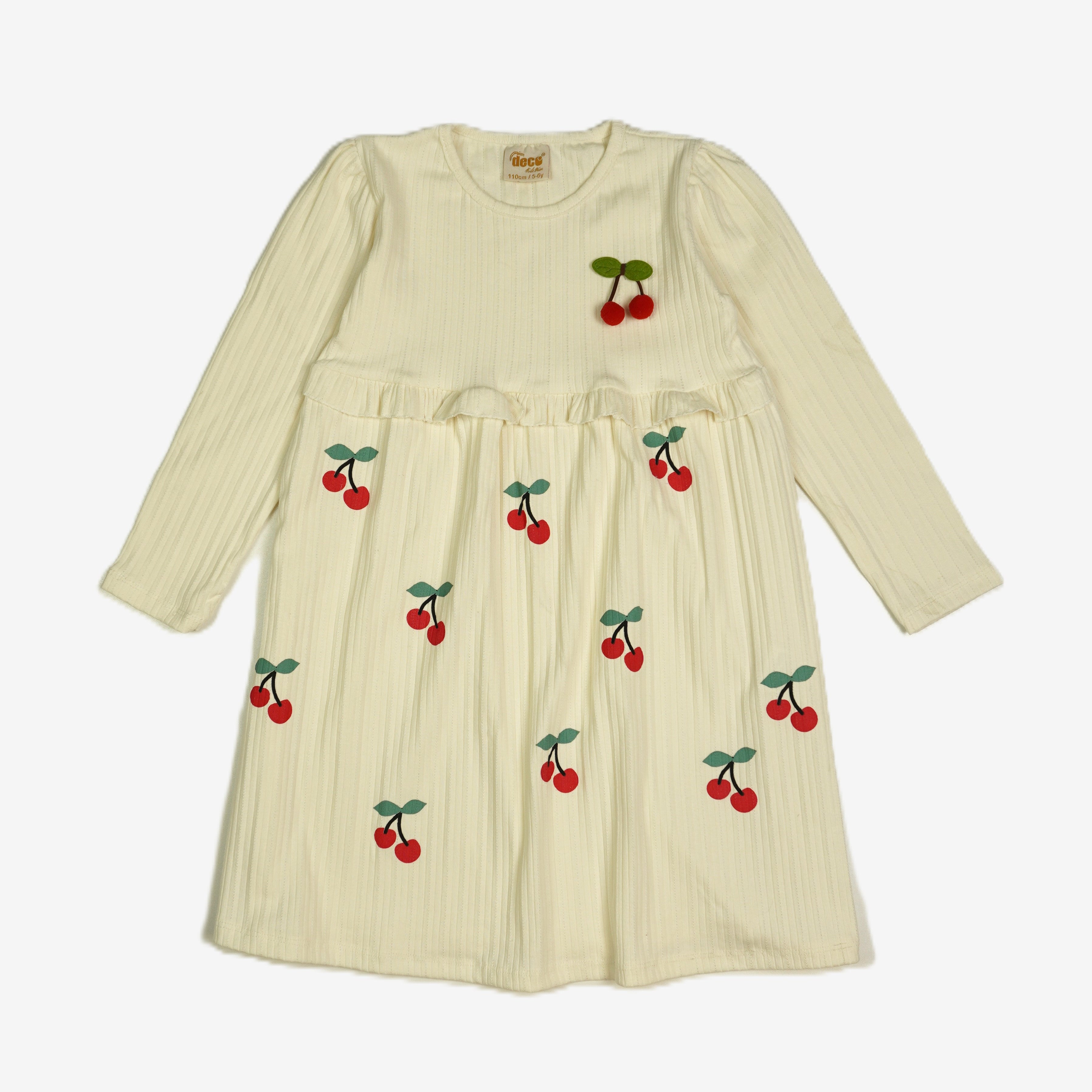 Mädchen Langarmkleid Creme mit Kirsch-Applikationen