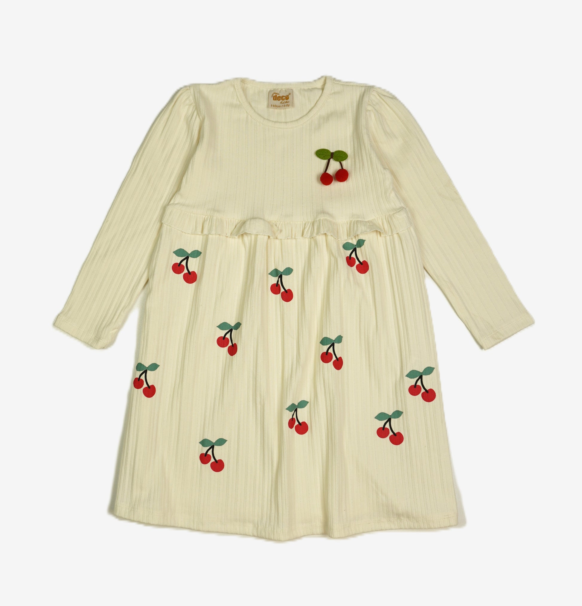 Mädchen Langarmkleid Creme mit Kirsch-Applikationen