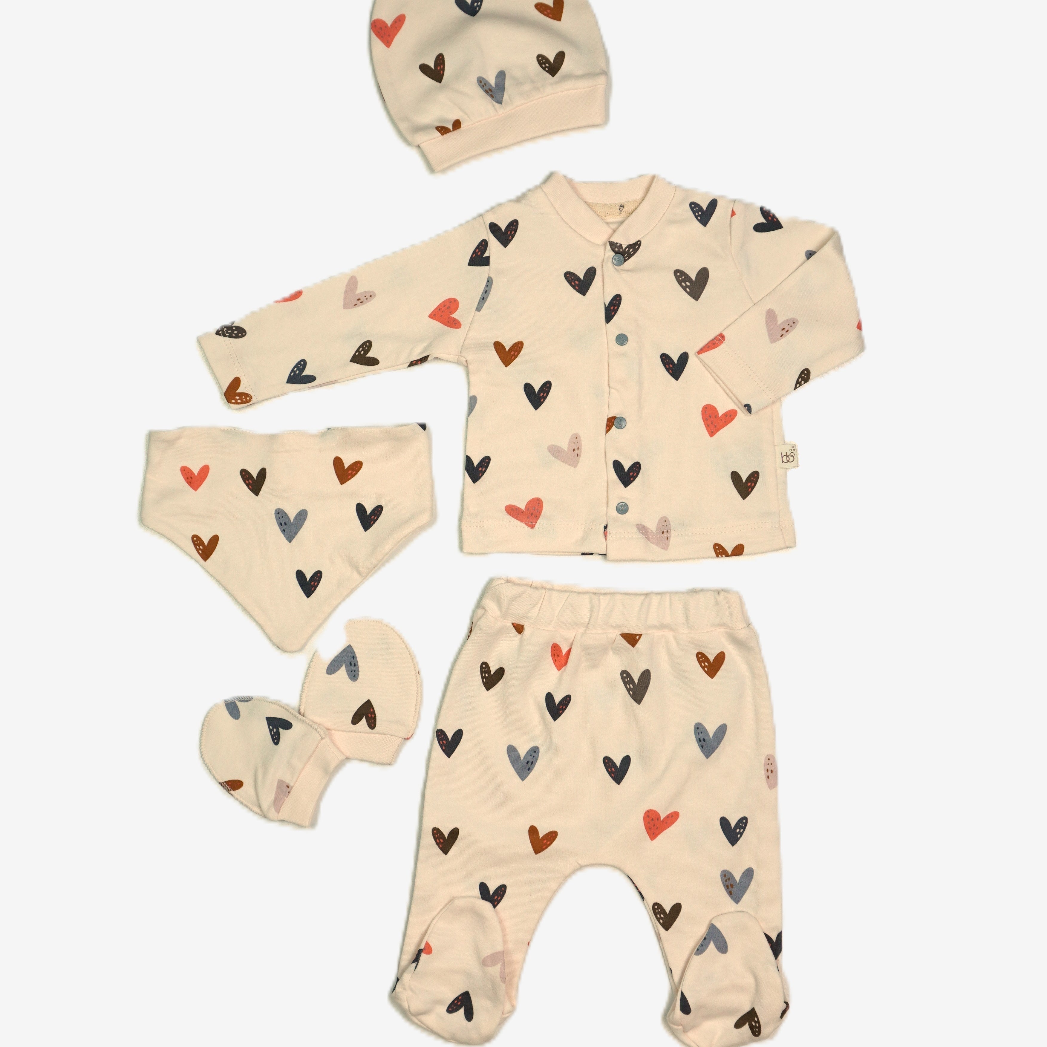 Baby 5-teiliges Geschenkset Herzen Creme – Jacke, Hose, Mütze, Lätzchen & Handschuhe